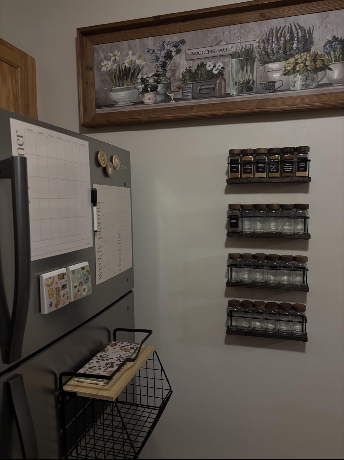 4-Tier Wall Mount Spice Rack Organizer with 24 Glass Jars, 216 Labels & Funnel - Screw/Adhesive Mount, Black Metal & Wood Spice Storage for Kitchen Pantry Cabinet, 11.6