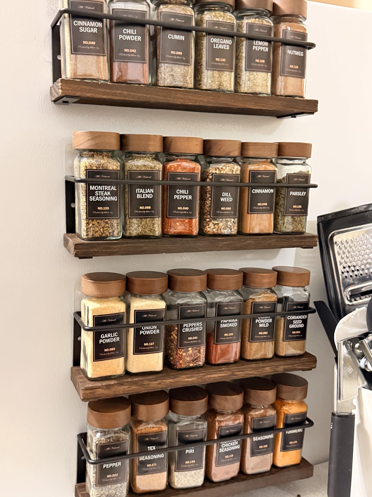 4-Tier Wall Mount Spice Rack Organizer with 24 Glass Jars, 216 Labels & Funnel - Screw/Adhesive Mount, Black Metal & Wood Spice Storage for Kitchen Pantry Cabinet, 11.6