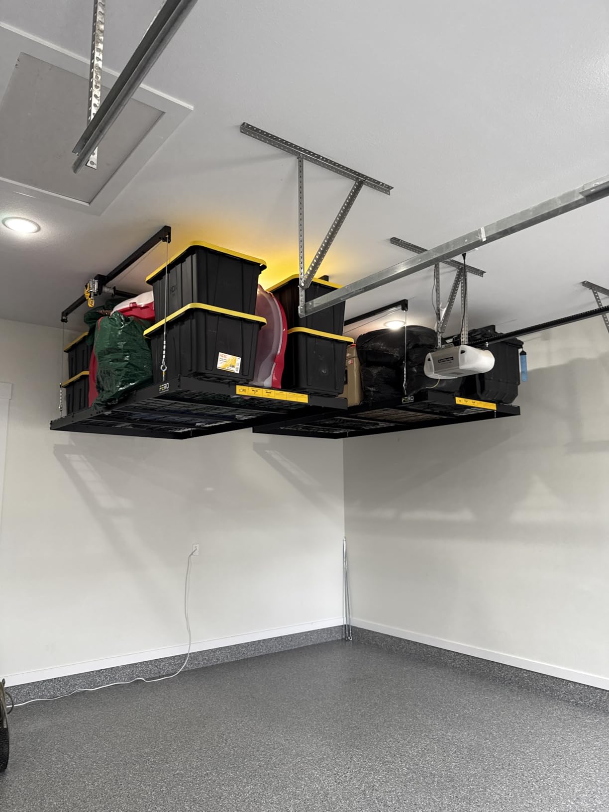 FERO Overhead Garage Storage Rack 4x8, 500 lb Heavy-Duty Capacity, Ceiling Mounted Storage Lift with Safety Lock, Drop Down Overhead Storage System, Garage Ceiling Hoist Organizer customer photo 2