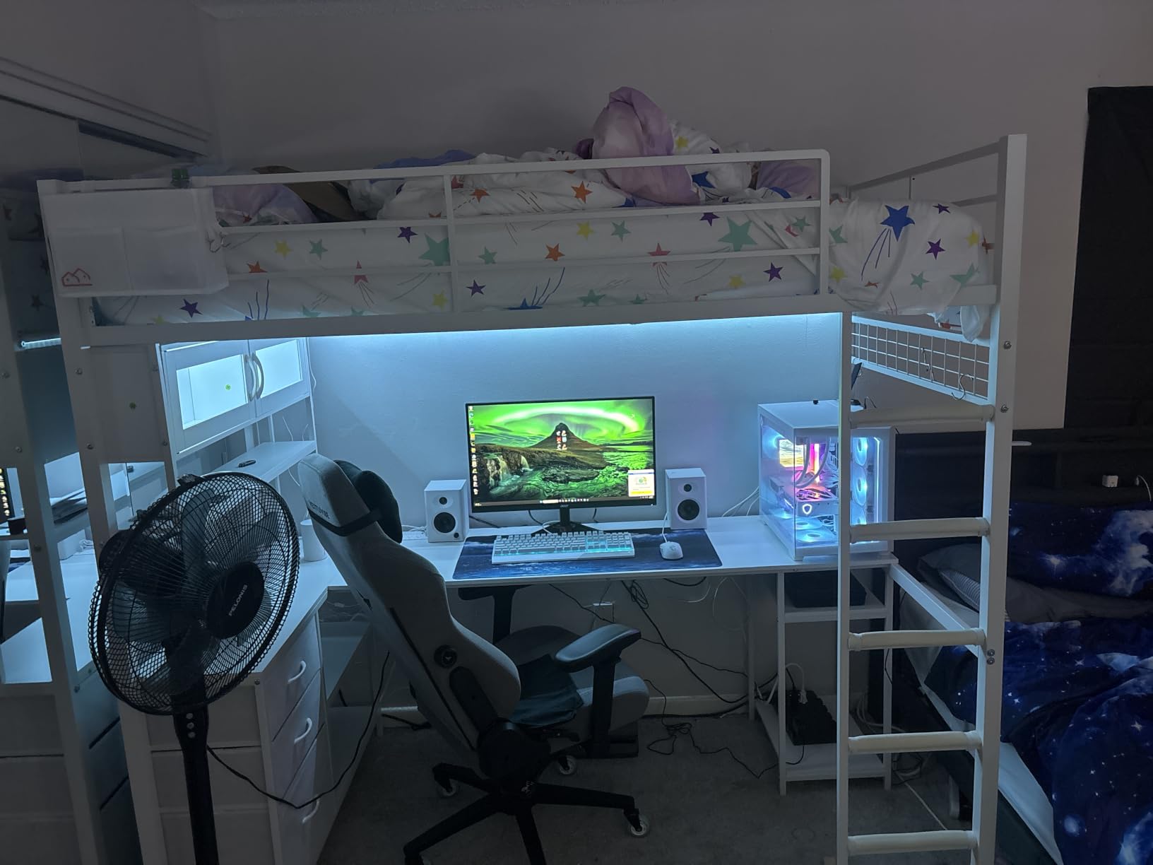 DICTAC Twin Loft Bed with L-Shaped Gaming Desk, LED Lights and Charging Station, Gaming Loft Bed Twin Size with Bookshelf and Glass Cabinet, Metal Loft Beds for Teen with Safety Guardrail and Stair, Black customer photo 1