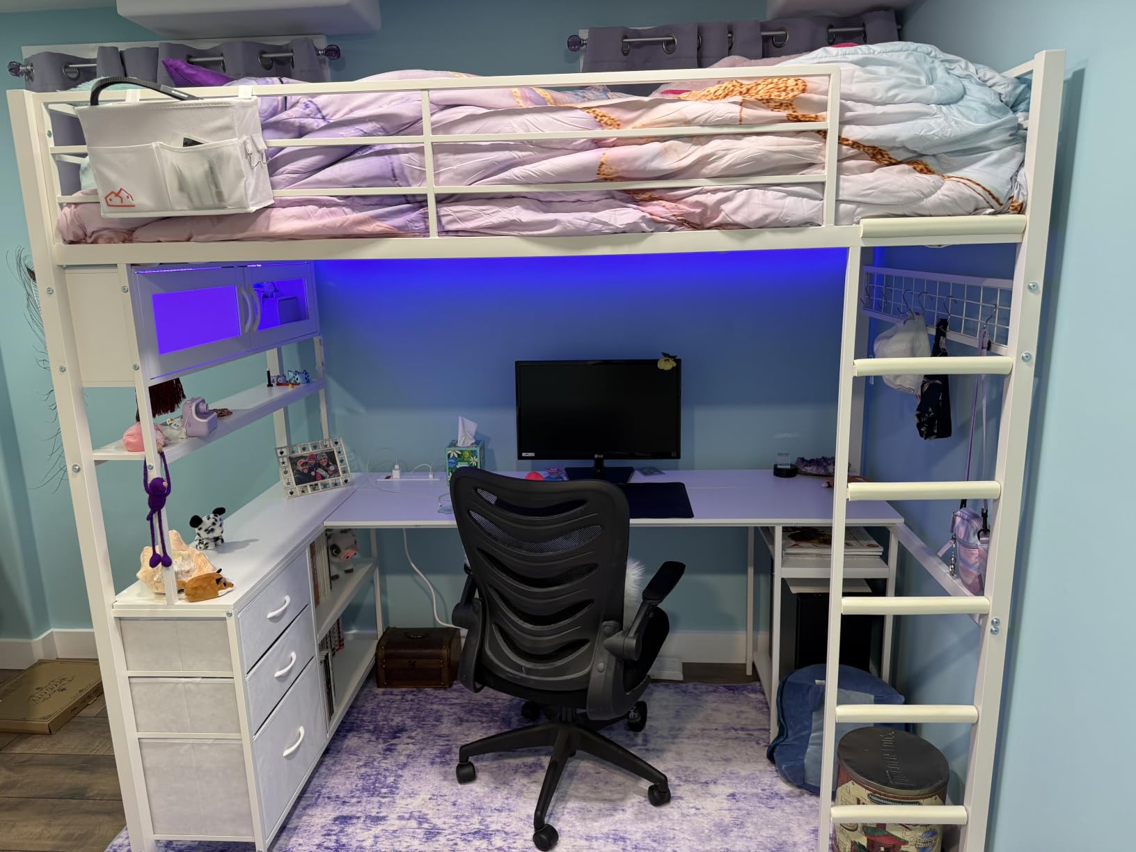 DICTAC Twin Loft Bed with L-Shaped Gaming Desk, LED Lights and Charging Station, Gaming Loft Bed Twin Size with Bookshelf and Glass Cabinet, Metal Loft Beds for Teen with Safety Guardrail and Stair, Black customer photo 2