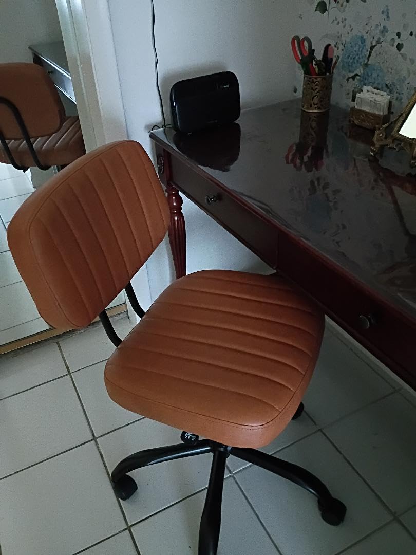 DUMOS Small Office Desk Chair, Armless Vanity Chair with Lumbar Support | PU Leather, 360° Rolling Task, Height Adjustable, Home Bedroom, Adult, Student, Brown customer photo 1