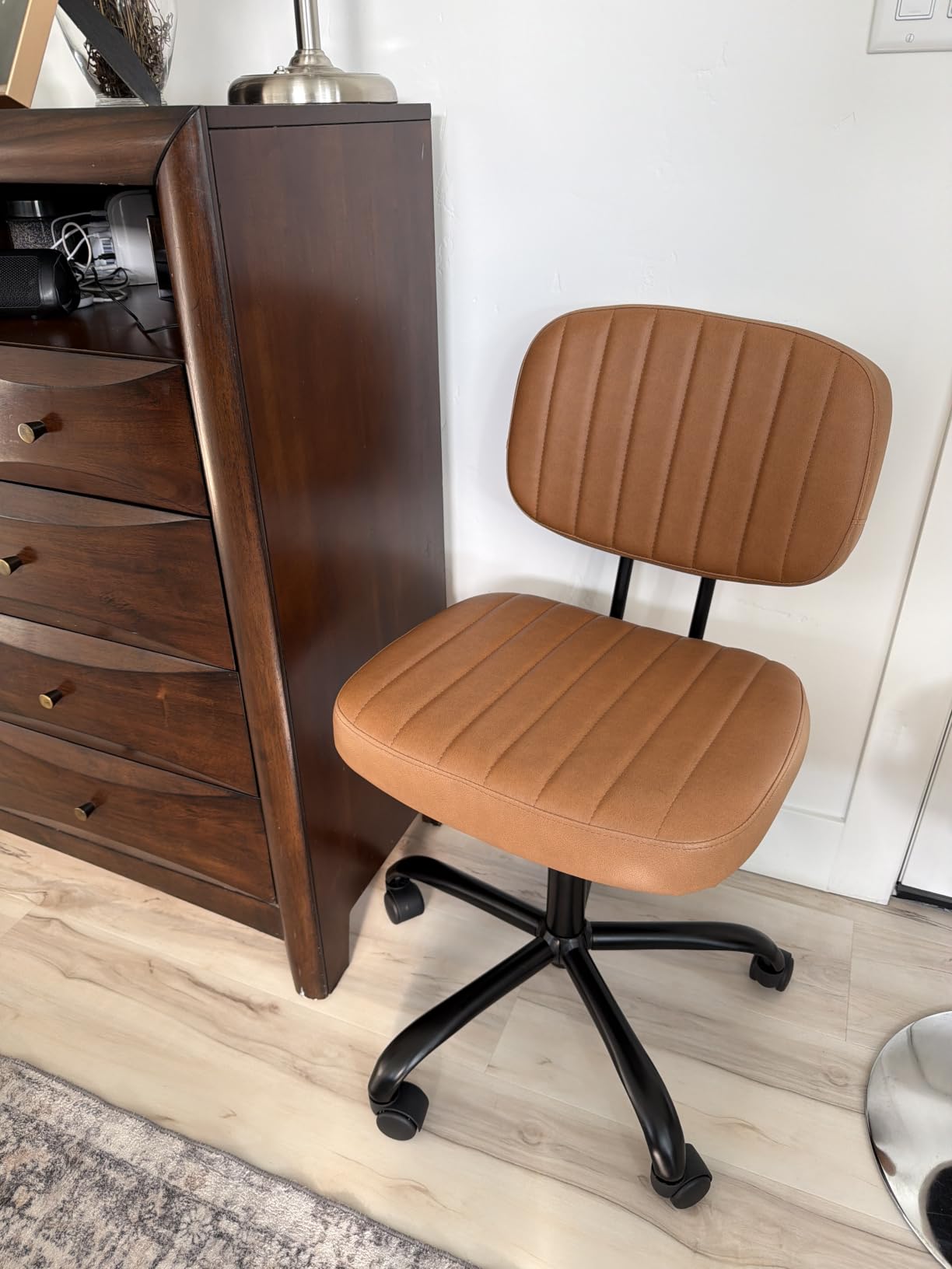DUMOS Small Office Desk Chair, Armless Vanity Chair with Lumbar Support | PU Leather, 360° Rolling Task, Height Adjustable, Home Bedroom, Adult, Student, Brown customer photo 2
