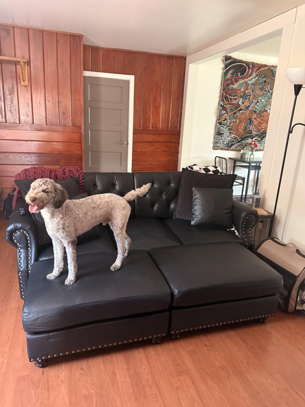 3-Piece Faux Leather Chesterfield Sofa Living Room Set with Ottoman, Black | 6-Seater Deep Seat Button-Tufted Couch Set with 3-Seater Sofa, Loveseat, Accent Chair & Ottoman, Rolled Arms & Nailhead Trim customer photo 2
