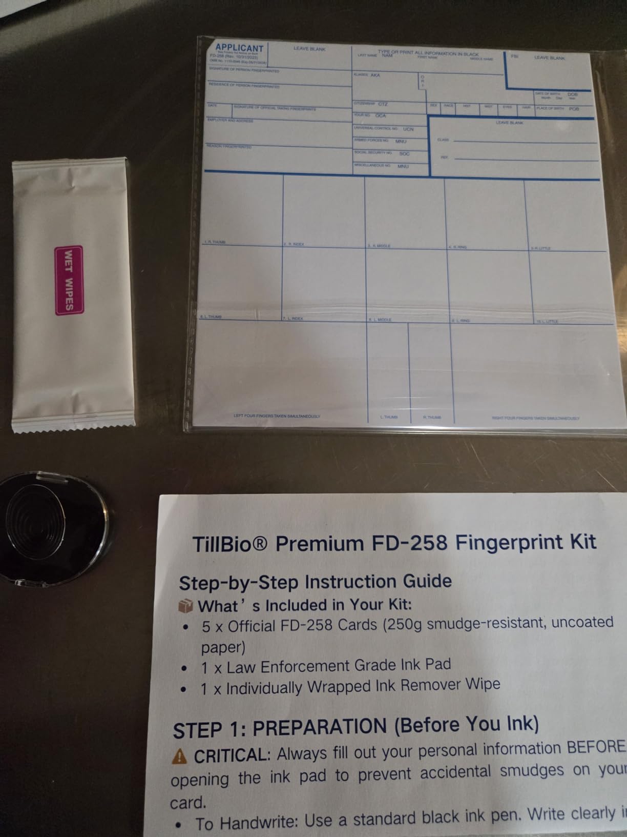 2026 All-in-One FD-258 Fingerprint Kit - 5 Pack Standard FBI Applicant Fingerprinting with Law Enforcement Grade Ink Pad & Remover Wipe - 250g Uncoated for Background Checks customer photo 1