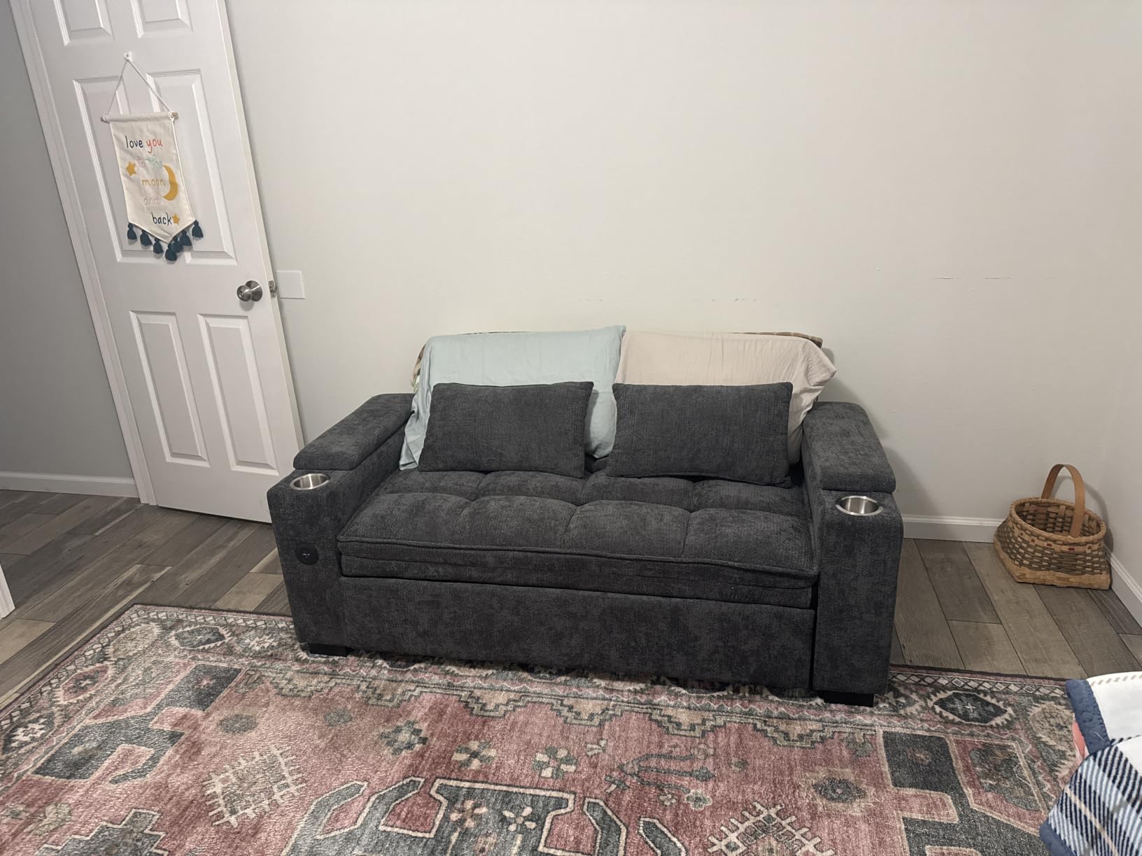Dreamzie 65'' Convertible Sleeper Sofa Bed with Swivel Side Table, Chenille Pull Out Couch for Living Room, Loveseat Sleeper Couch with Hidden Storage Space | Charging Port | Cup Holders, Grey customer photo 1