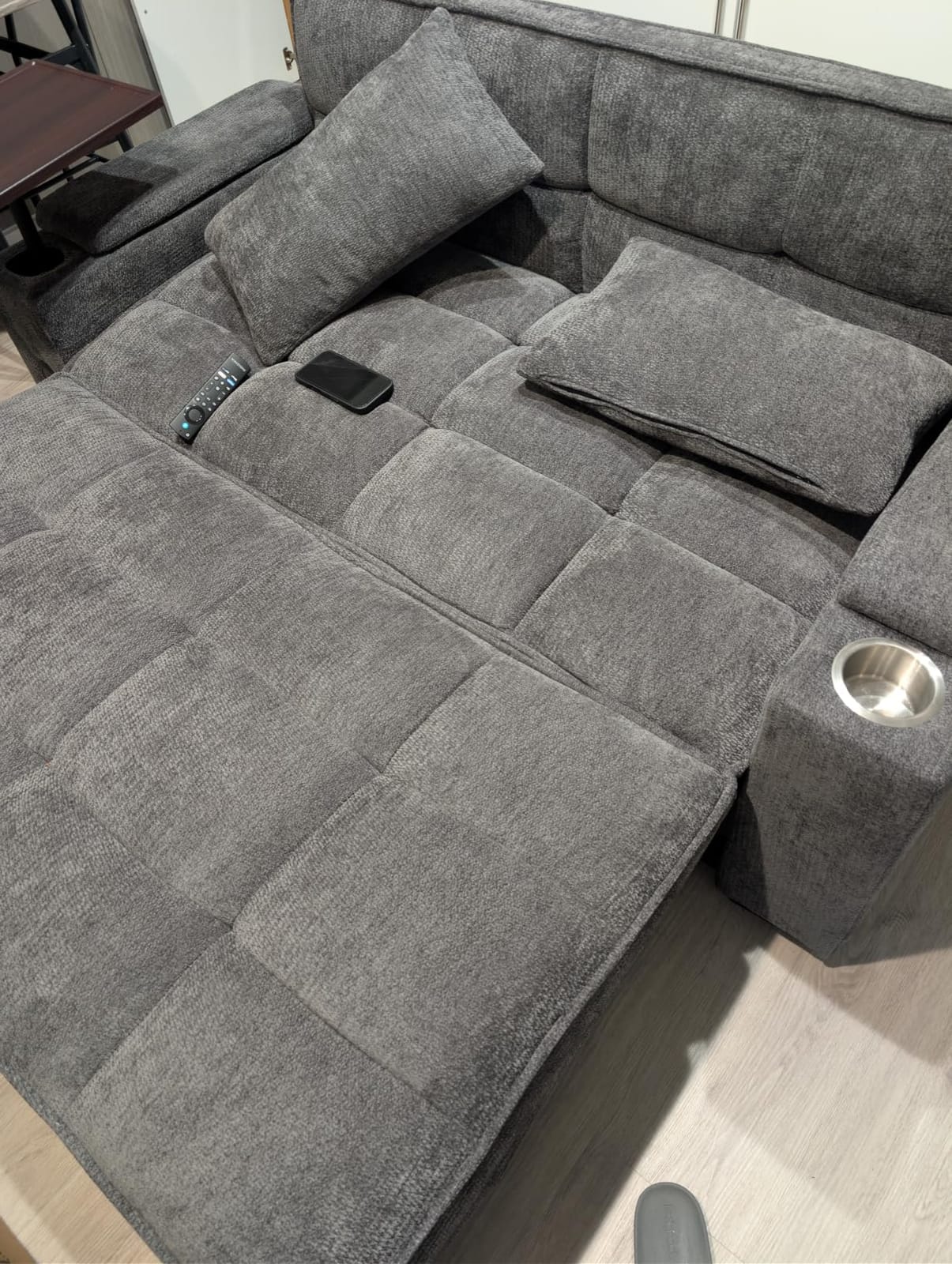 Dreamzie 65'' Convertible Sleeper Sofa Bed with Swivel Side Table, Chenille Pull Out Couch for Living Room, Loveseat Sleeper Couch with Hidden Storage Space | Charging Port | Cup Holders, Grey customer photo 2
