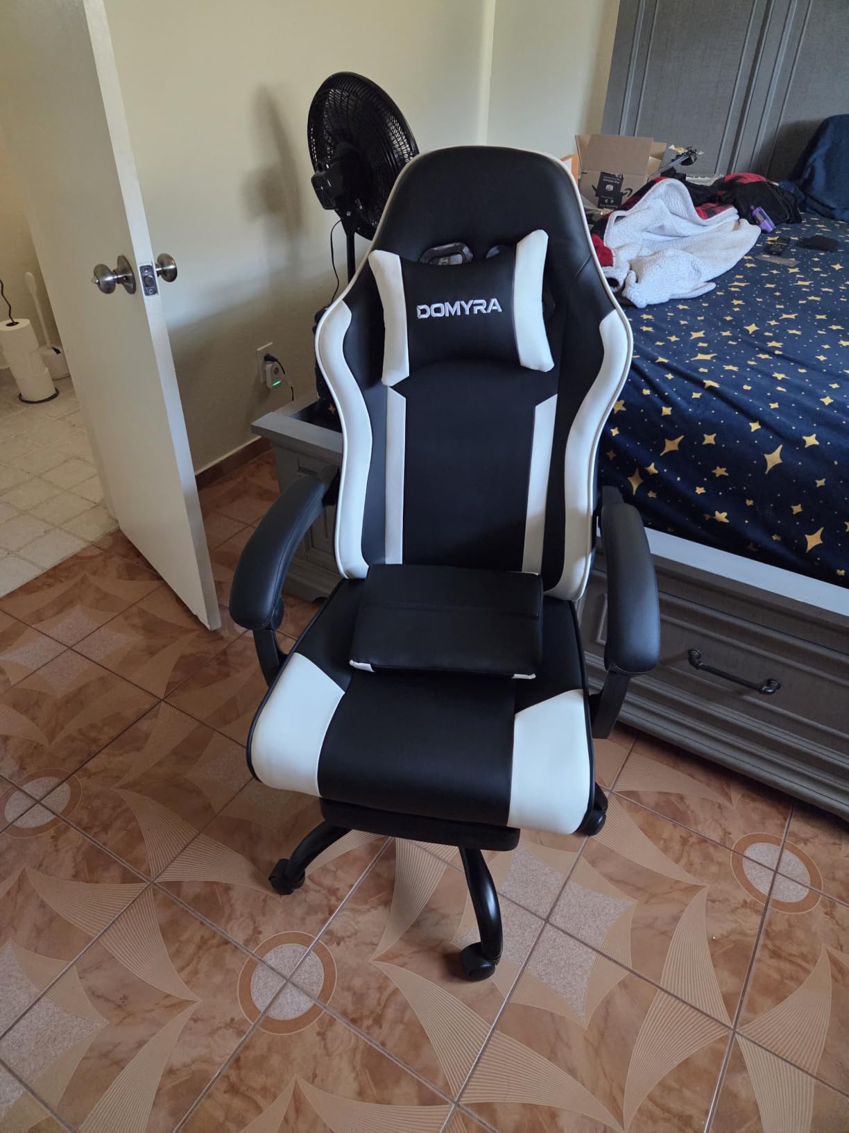 Gaming Chair Gamer Game Ergonomic with Footstool Lumbar Support Deep Black | Headrest, Height and Backrest Adjustable, Deep Black Leather, 210 KG Heavy Duty Load Capacity 52cm Wingless Cushion customer photo 2