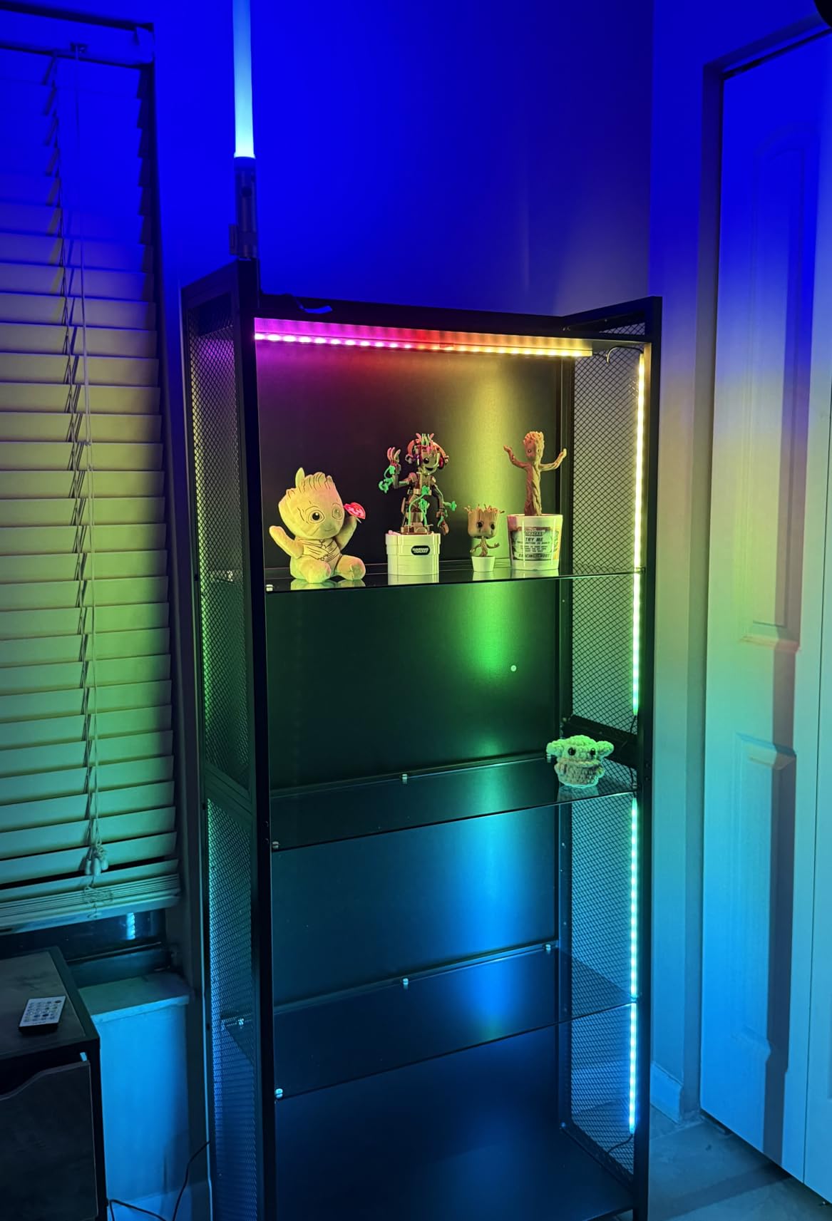AODK Display Case with Glass Shelves, RGB Light 4-Tier Display Cabinet | Display Shelf with Open Shelf Design & Industrial Metal Mesh, Curio Cabinet for Collectibles, Black Bookcase customer photo 2