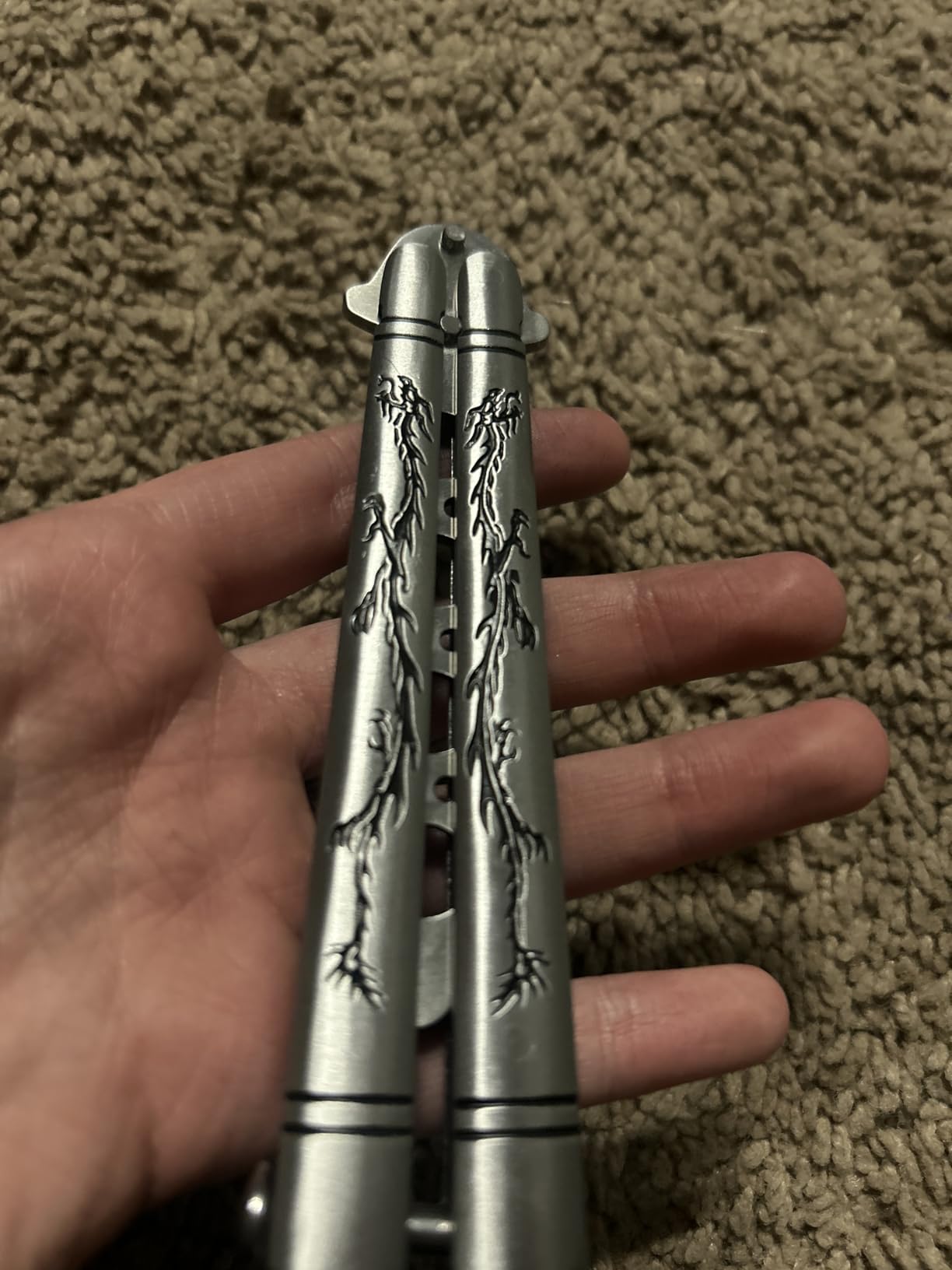 Practice Butterfly knife Trainer with Sure Spring Latch, Full Stainless Steel Black Dull Balisong, Unsharpened Butterfly knives Comb for CSGO Training(Silver) customer photo 2
