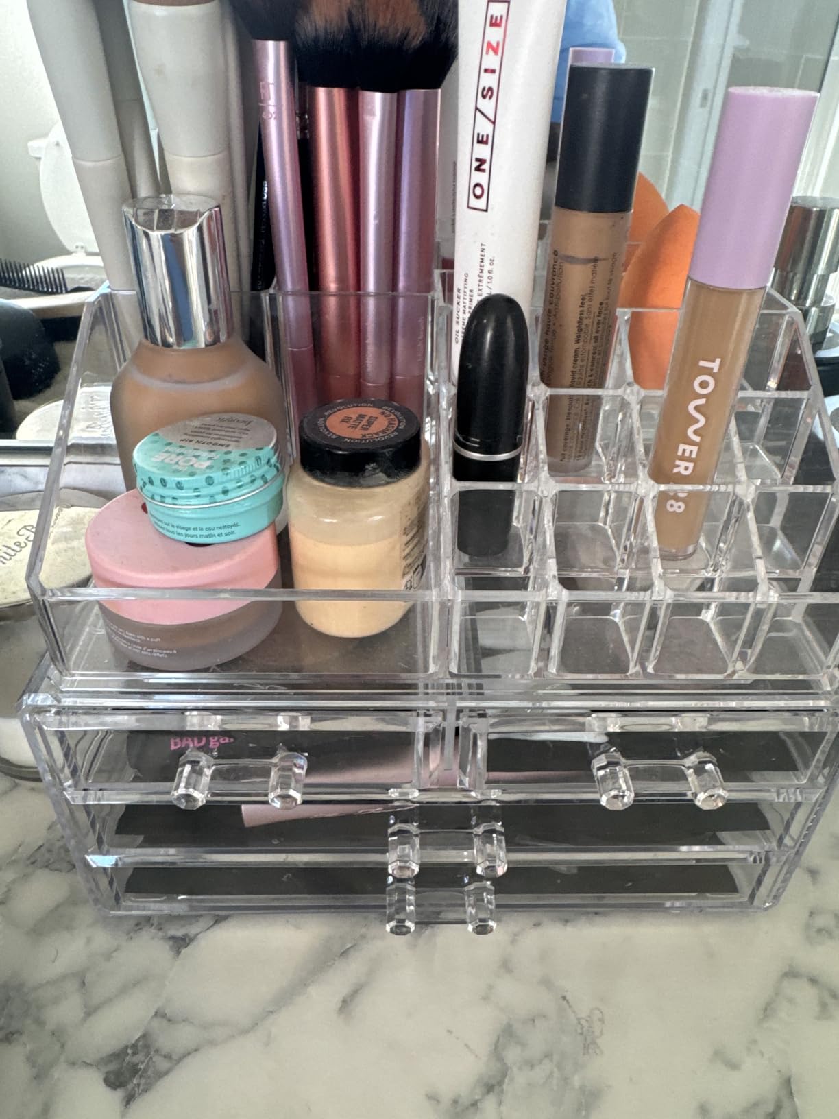 Masirs Clear Makeup Organizer with 4 Drawers 16 Compartments, Countertop | 16-Compartment Clear Acrylic Makeup Organizer, 4 Drawers, Cosmetic Jewelry Perfume Skincare Storage, Vanity Countertop customer photo 1