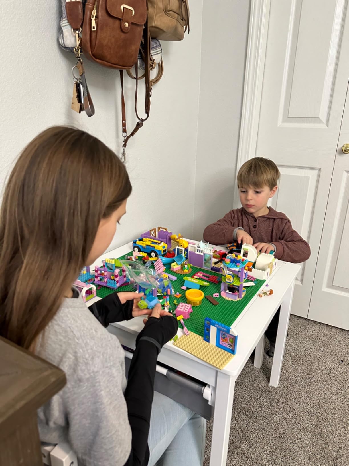 UTEX 2 in 1 Kids Construction Play Table and Chairs Compatible with Lego | Wooden Kids Building & Activity Table Set with Pull-Out Fabric Drawer, Reversible Tabletop, Water-based Paint, Smooth Edges customer photo 1