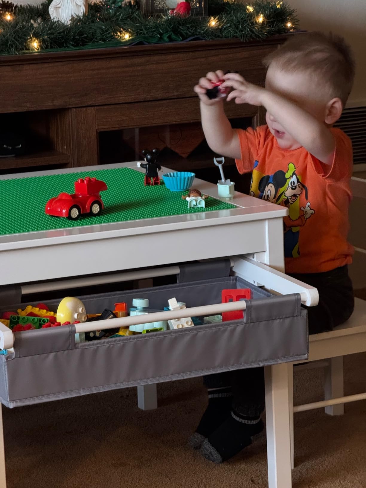 UTEX 2 in 1 Kids Construction Play Table and Chairs Compatible with Lego | Wooden Kids Building & Activity Table Set with Pull-Out Fabric Drawer, Reversible Tabletop, Water-based Paint, Smooth Edges customer photo 2