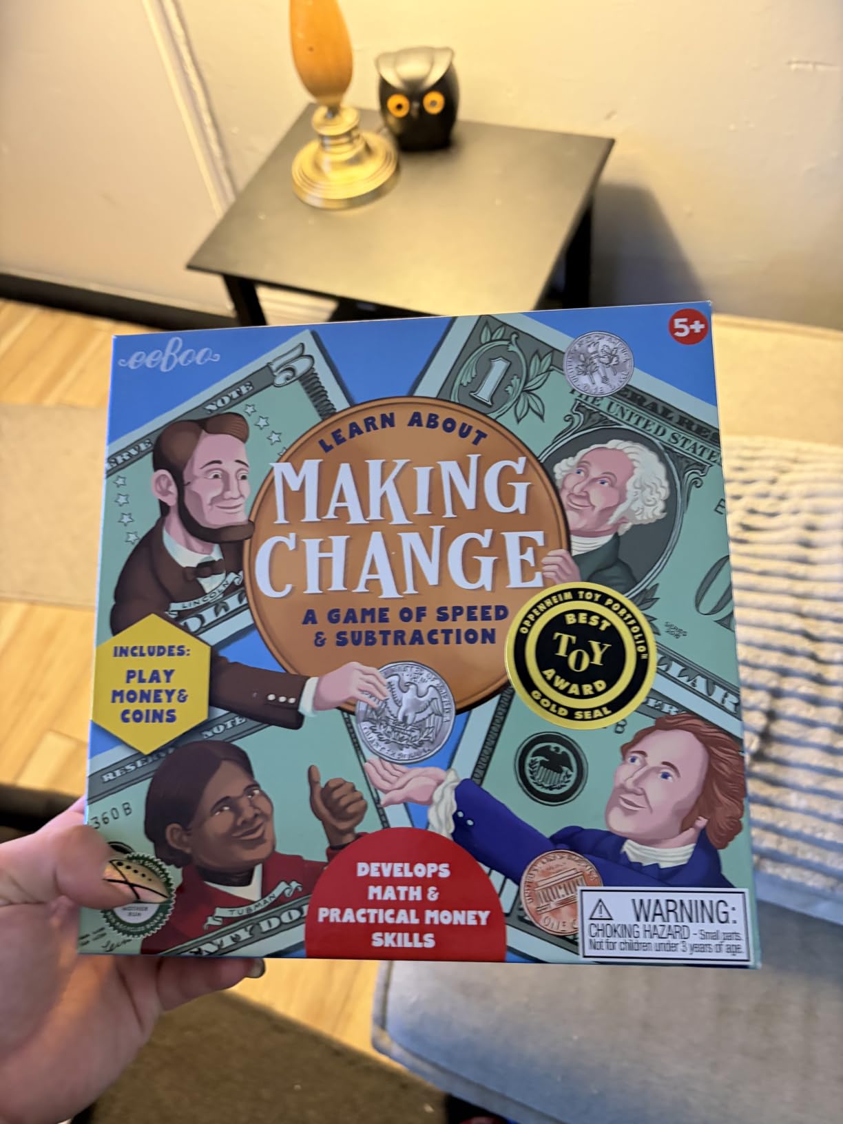 eeBoo Making Change Math Game with Play Money, Coins, Ages 5+, 2-4 Players | Builds addition, subtraction and money skills. 15 minute game play. Includes 50 item cards, play money & coins customer photo 1