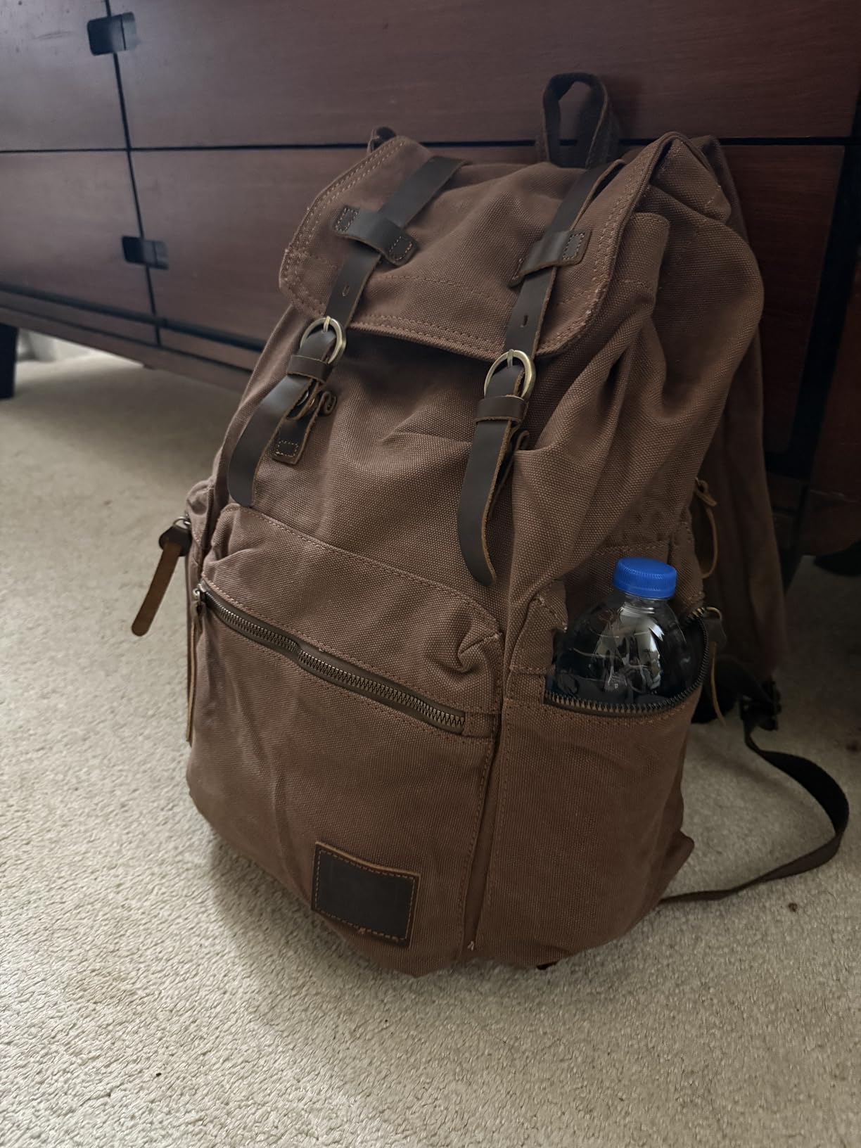 HuaChen Vintage Canvas Travel Backpack with Leather Trim, Laptop Padded Sleeve, Hidden Back Security Pocket, Fits 15-Inch, M32 Coffee Large customer photo 1