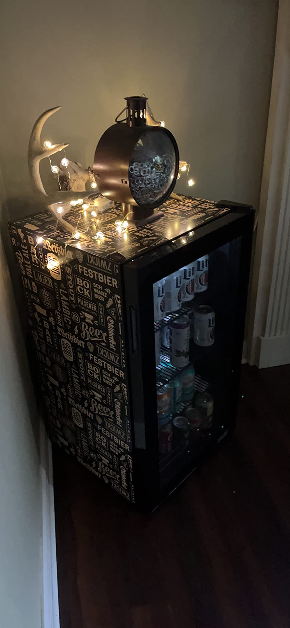 NewAir 126 Can Beverage Refrigerator | Freestanding Mini Fridge for Home Bar or Office | SplitShelf Storage, 32°F Cooling & LED Lighting | “Beers of the World” Design customer photo 1