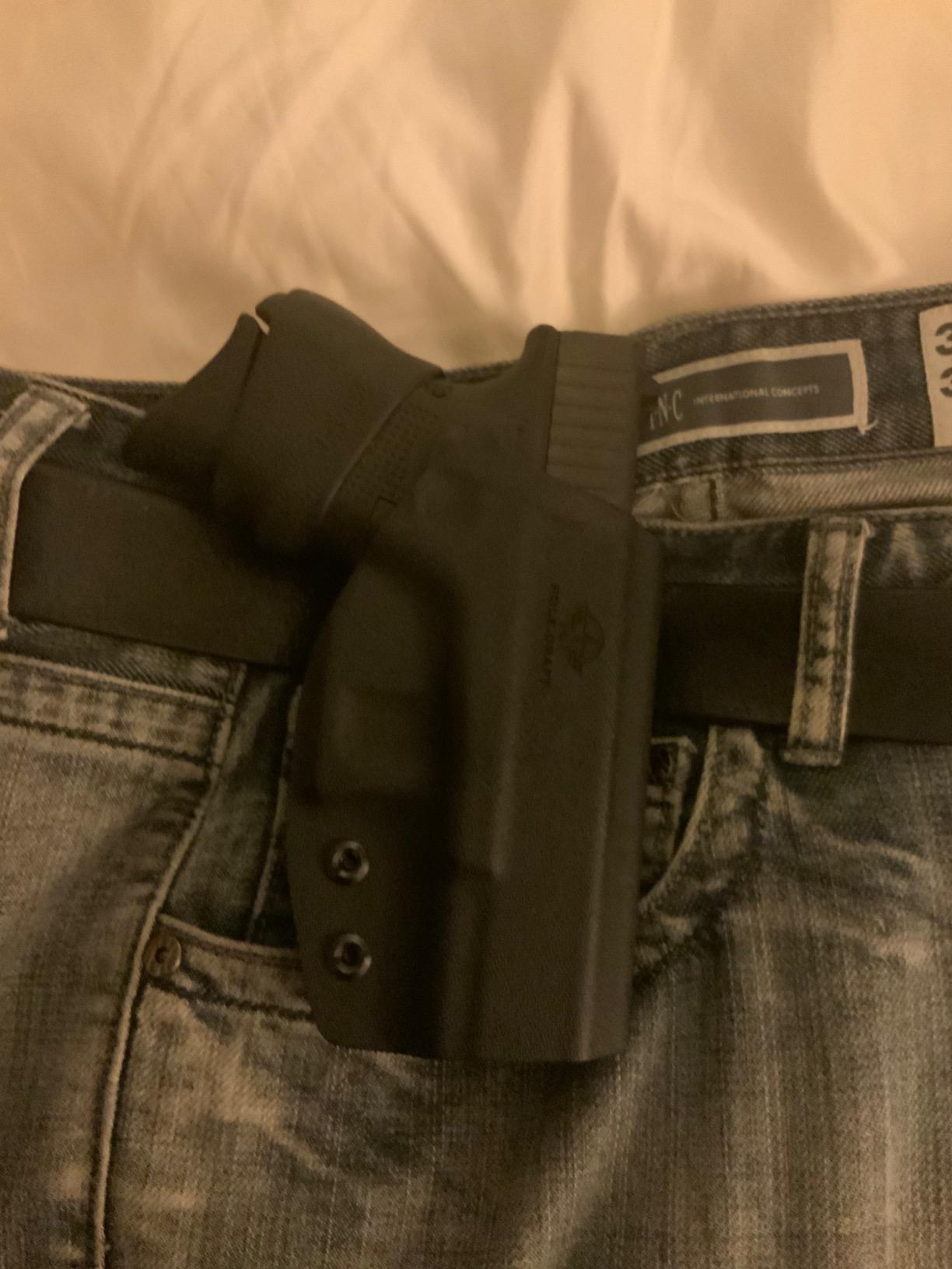 OWB Kydex Holster Fit: Glock 17 19 19x 44 45 26 (Gen 1-5) / Glock 22 23 25 27 31 32 33 30s (Gen 3-4) - Outside Waistband Carry 1.5-2 Inch Belt Clip - Adj. Width Height Retention Cant, Entrance Widened customer photo 1