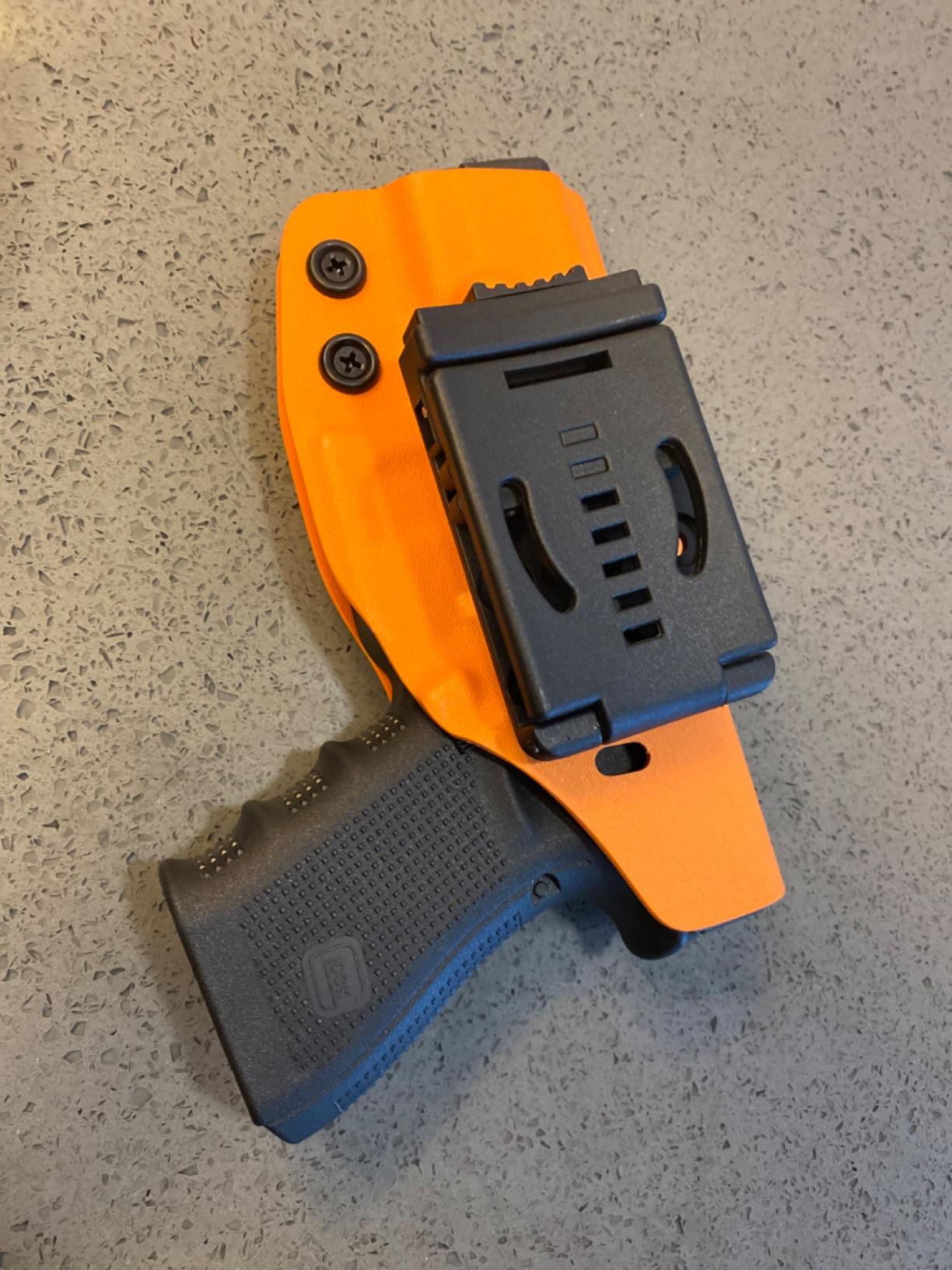 OWB Kydex Holster Fit: Glock 17 19 19x 44 45 26 (Gen 1-5) / Glock 22 23 25 27 31 32 33 30s (Gen 3-4) - Outside Waistband Carry 1.5-2 Inch Belt Clip - Adj. Width Height Retention Cant, Entrance Widened customer photo 2