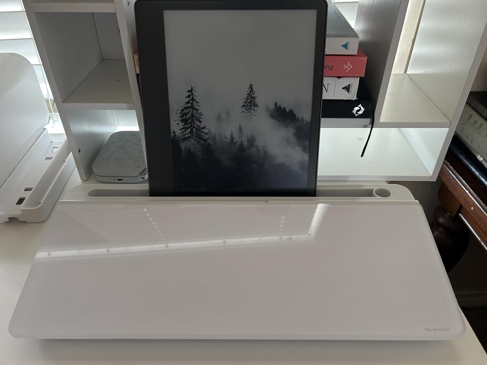 TSJ OFFICE Small Desktop Whiteboard -Glass Dry Erase Board Computer Keyboard Stand White Board Surface Pad with Drawer, Desk Organizers with Accessories for Office, Home, School Supplies - White customer photo 1