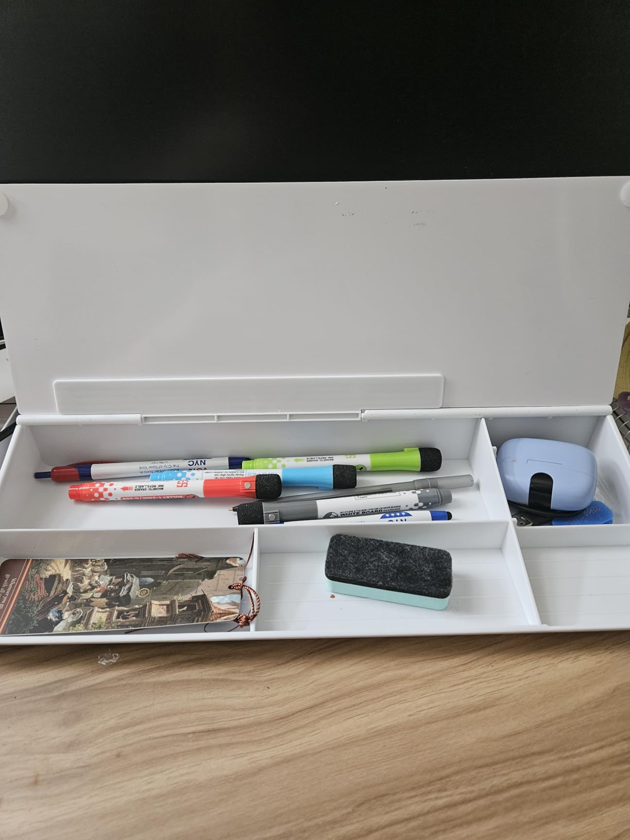 TSJ OFFICE Small Desktop Whiteboard -Glass Dry Erase Board Computer Keyboard Stand White Board Surface Pad with Drawer, Desk Organizers with Accessories for Office, Home, School Supplies - White customer photo 2