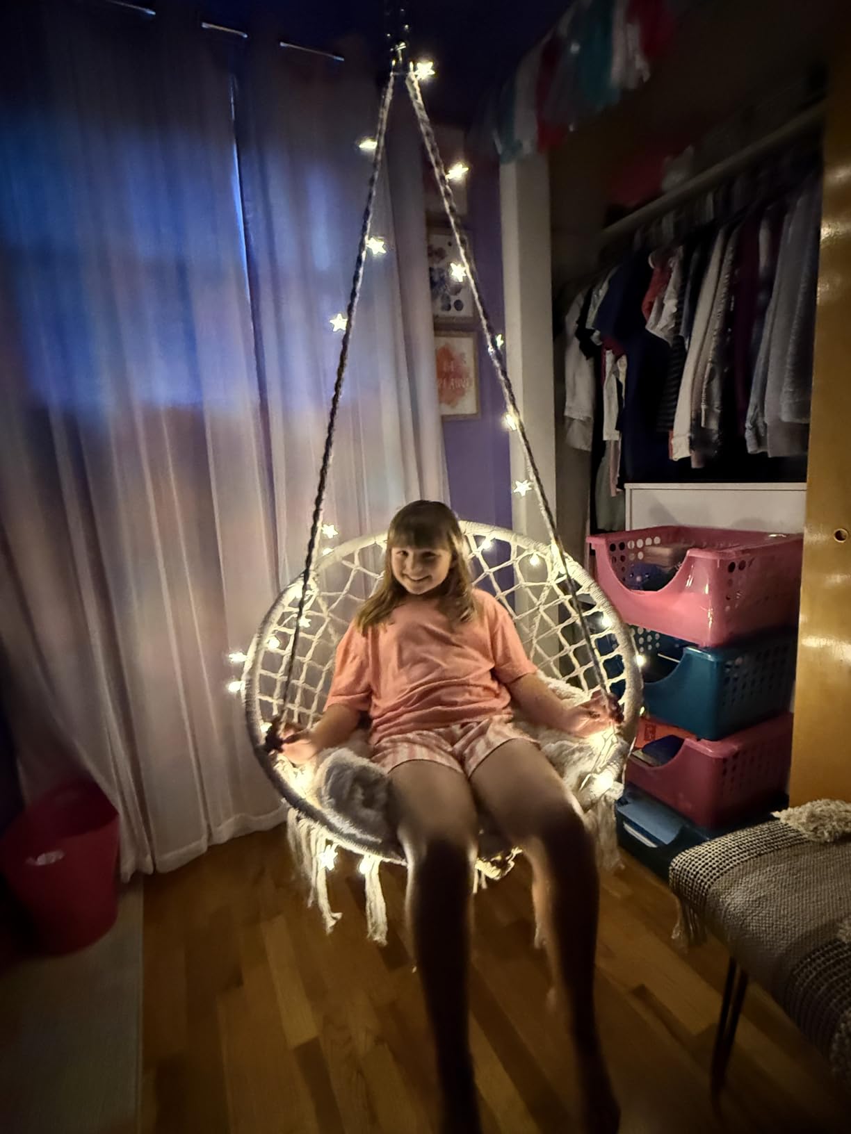 KASHAN Hanging Chair for Bedroom Hammock Chair Swing with Lights and Hardware Kits Holds up to 550Lbs Macrame Swing Chair Hanging Cotton Rope for Patio, Deck, Garden customer photo 1