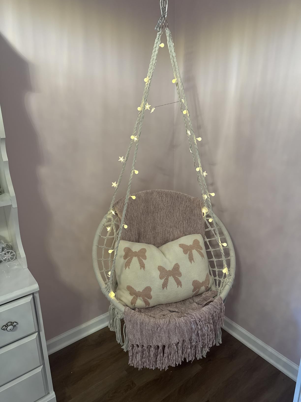 KASHAN Hanging Chair for Bedroom Hammock Chair Swing with Lights and Hardware Kits Holds up to 550Lbs Macrame Swing Chair Hanging Cotton Rope for Patio, Deck, Garden customer photo 2
