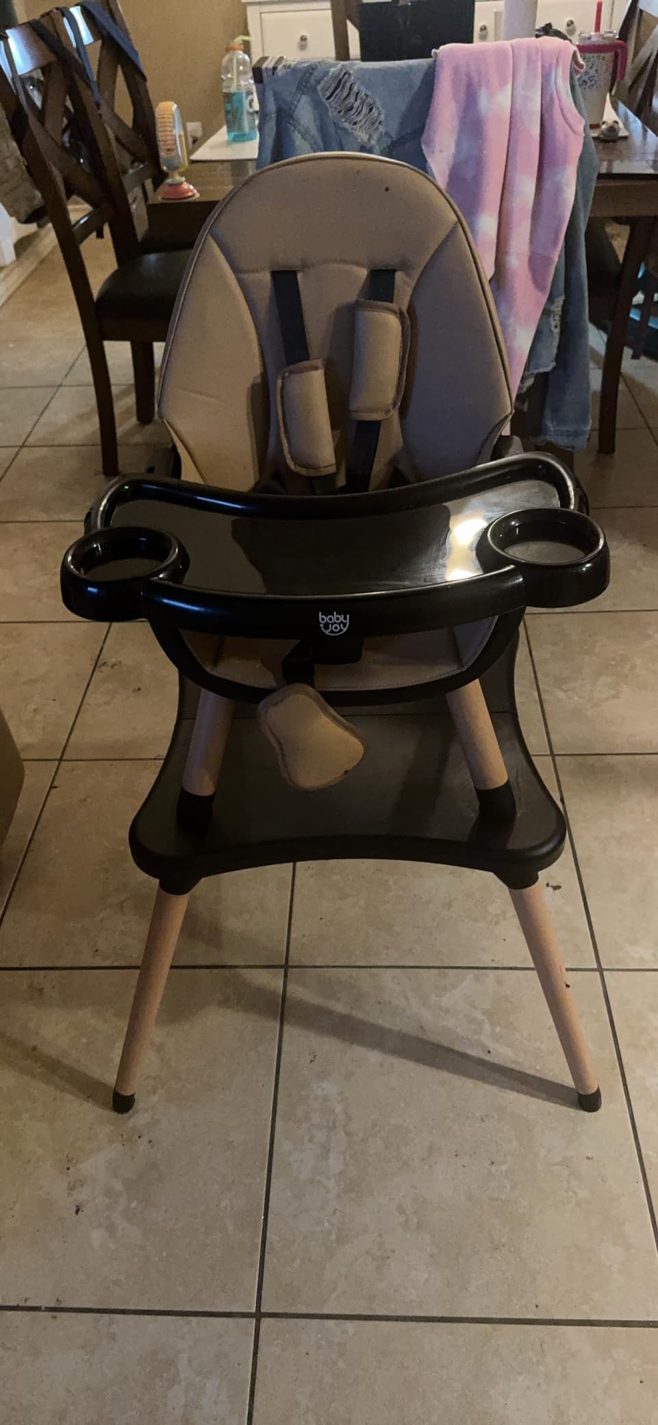 HONEY JOY Baby High Chair, 6-in-1 Convertible Wooden Highchair for Babies and Toddlers/Table Set/Toddler Chair with Safety Harness, 4-Position Removable Feeding Tray (Coffee) customer photo 1