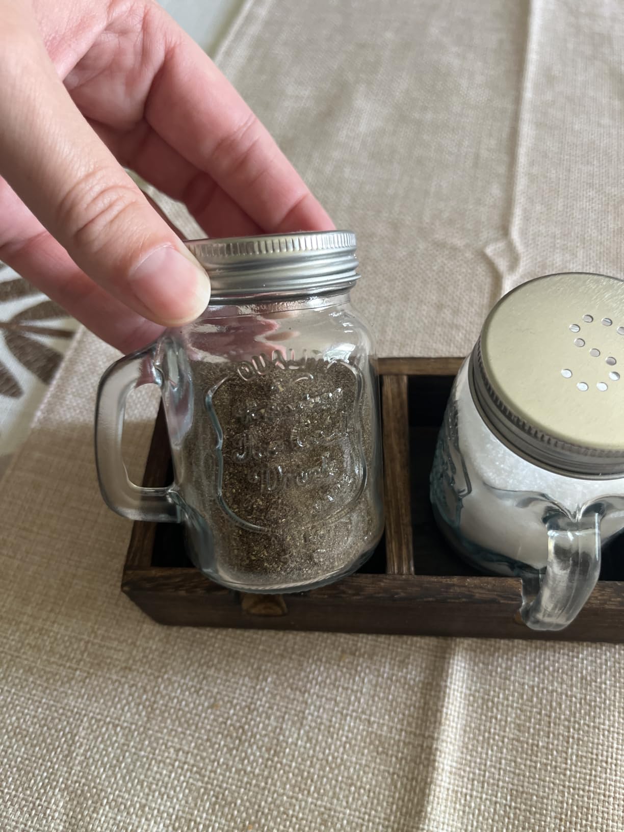 Mason Jar Salt and Pepper Shakers - Vintage Glass Condiment Dispenser Set with Wooden Holder Caddy - Farmhouse Kitchen Decor, Easy Refill 5-ounce Capacity with Stainless Steel Lids customer photo 2