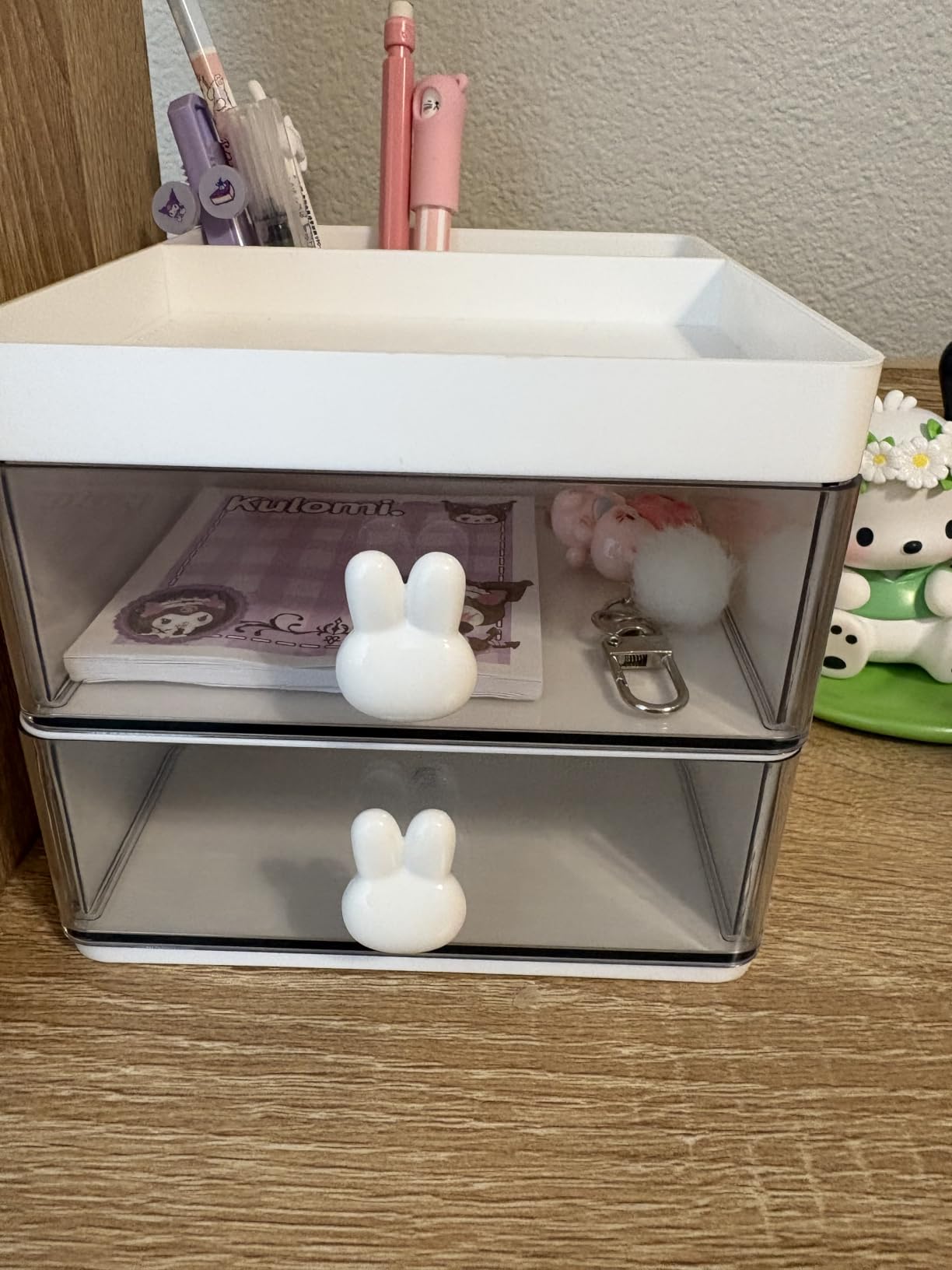 LETURE Small Desk Organizer With Drawer, Office Desktop Storage Box, Business Card/Pen/Pencil/Mobile Phone/Stationery Holder Storage Box, Makeup Organizer for Office School Home (Pink) customer photo 2