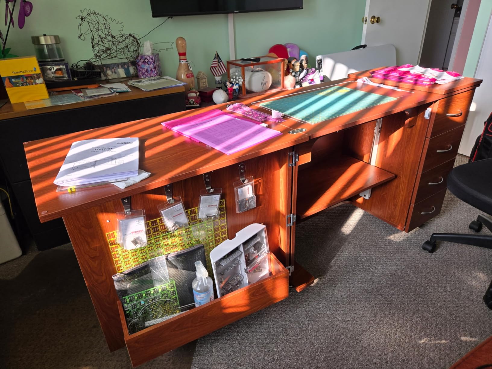 Arrow Classic Sewing Furniture Harriet Full-Size Sewing Cabinet with Hydraulic Machine Lift, Drawers, Expandable Leaves, Locking Wheels - Teak customer photo 1