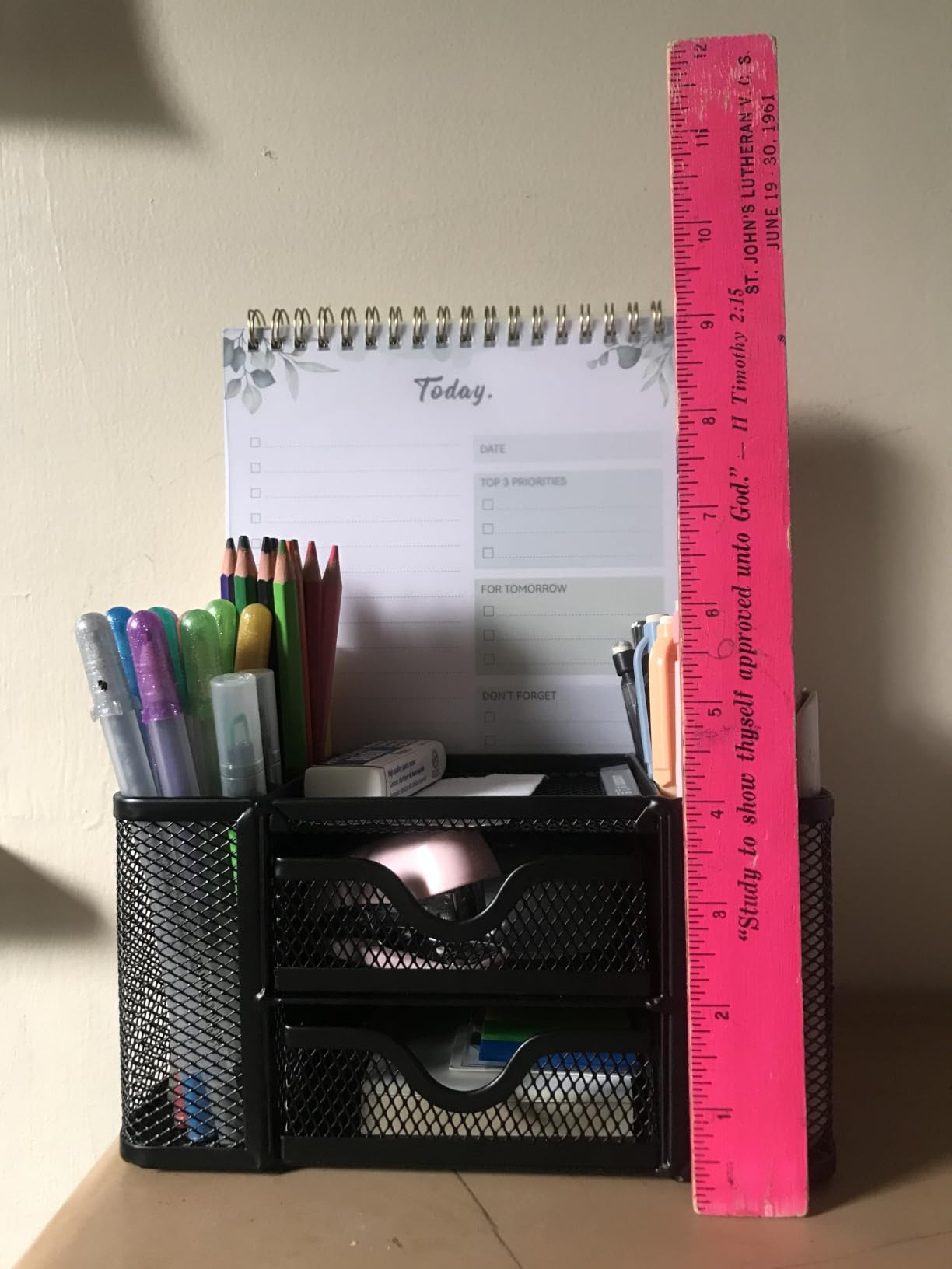 Marbrasse Mesh Desk Organizer, Pen Organizer with 2 Drawer, Multi-Functional Pencil Holder, Desk Organizers and Accessories with 5 Compartments + Drawer for Office Art Supplies (Black) customer photo 2