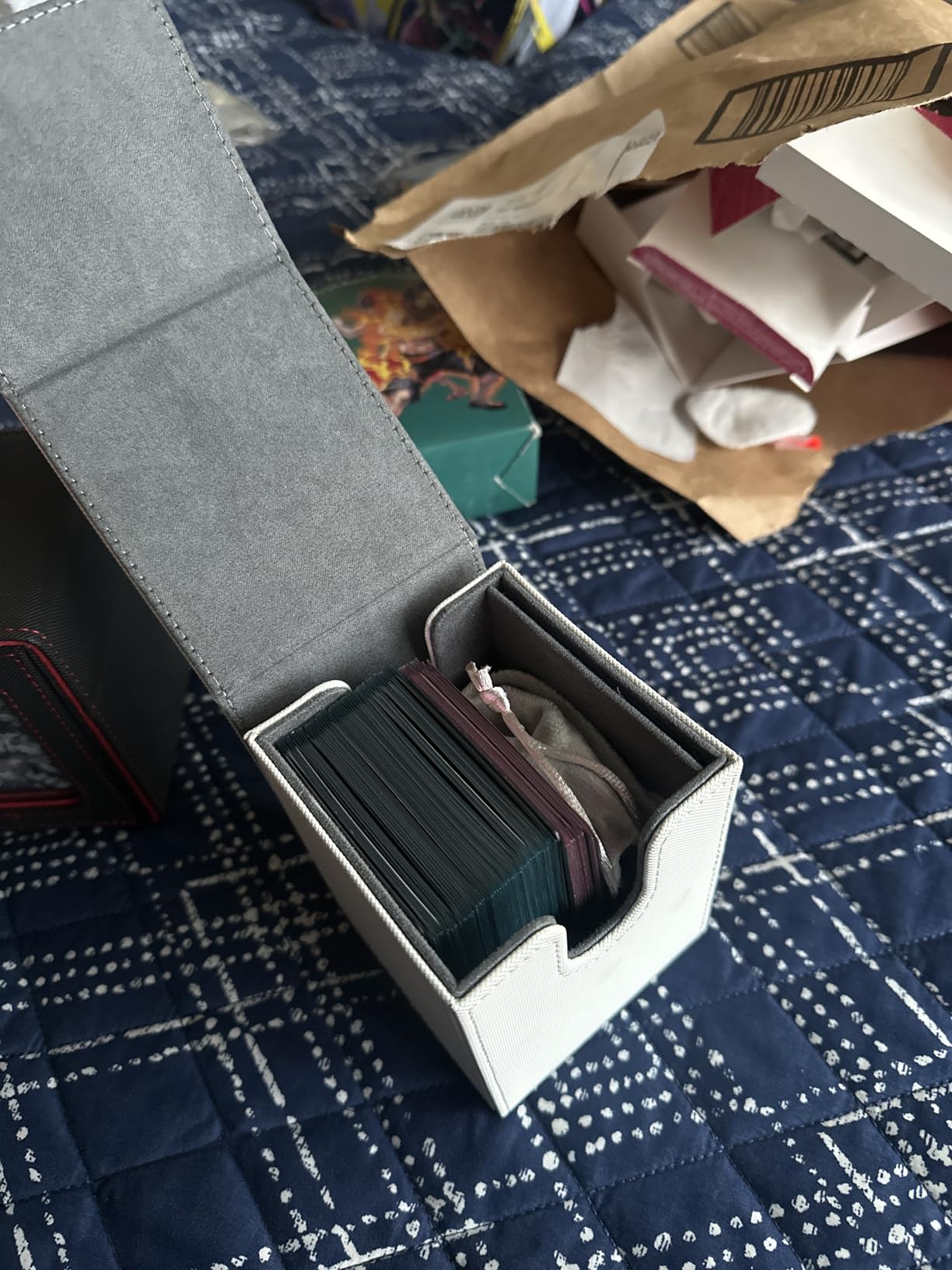 AFIING MTG Deck Box for Commander Display,Card Deck Box Fits 100 Double Sleeved Cards, Magic Commander TCG Storage Box with 2 Dividers,Drawstring Bag and 1 Toploader(Black/Blue) customer photo 1