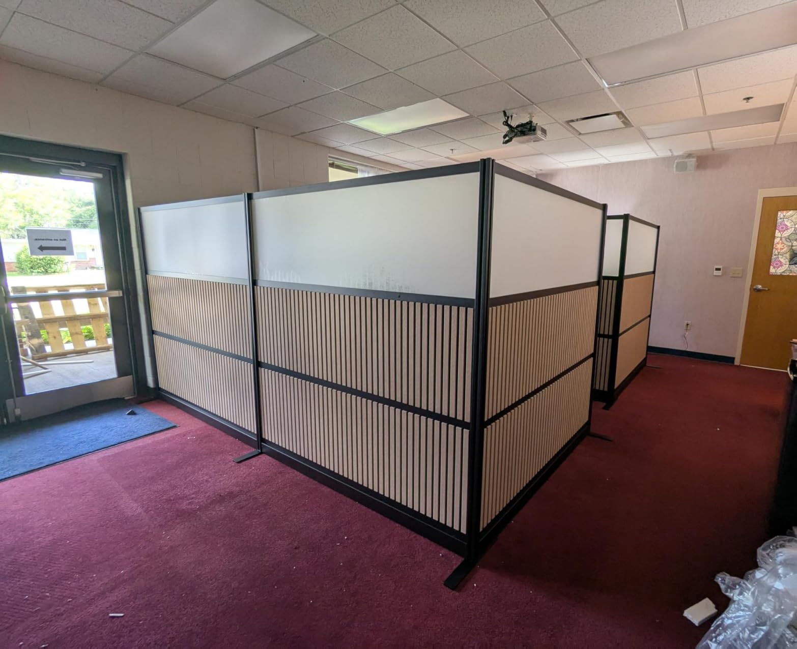 Room Divider for Office Privacy – Modular Freestanding Acoustic Office Partition with PET Sound Dampening Panels and Faux-Wood Slats, 70” x 70”, Grove Sound Dampening Wall, Black Frame, Easy Assembly customer photo 2