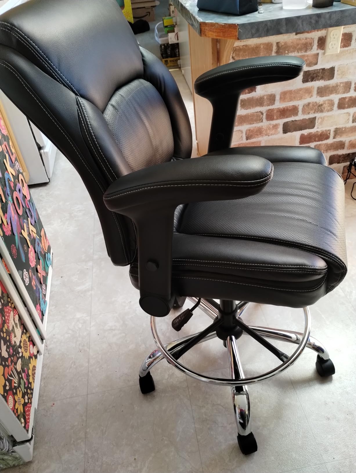 Ergonomic Mid-Back Premium Faux Leather Adjustable Drafting Chair with Multi-Function Arms and Foot Ring, Standing-Desk Matched Tall Swivel Computer Office Stool, Black customer photo 1