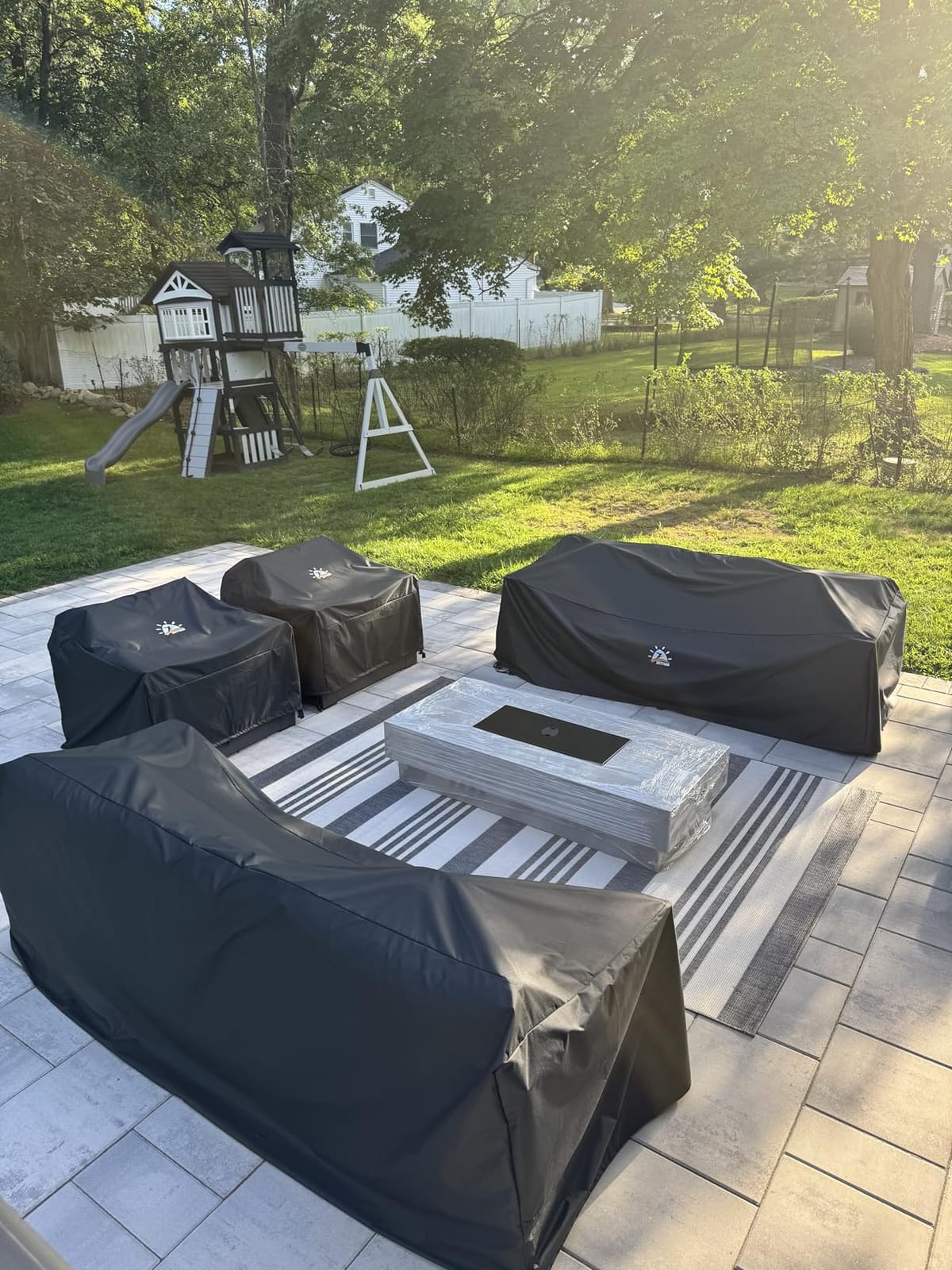 60-inch Outdoor Propane Fire Pit Coffee Table with Tank Cover, 50,000 BTU Concrete Rectangle Modern Outside Fire Table, Auto-Ignition, Included Lava Rocks, Metal Lid & Waterproof Cover customer photo 1