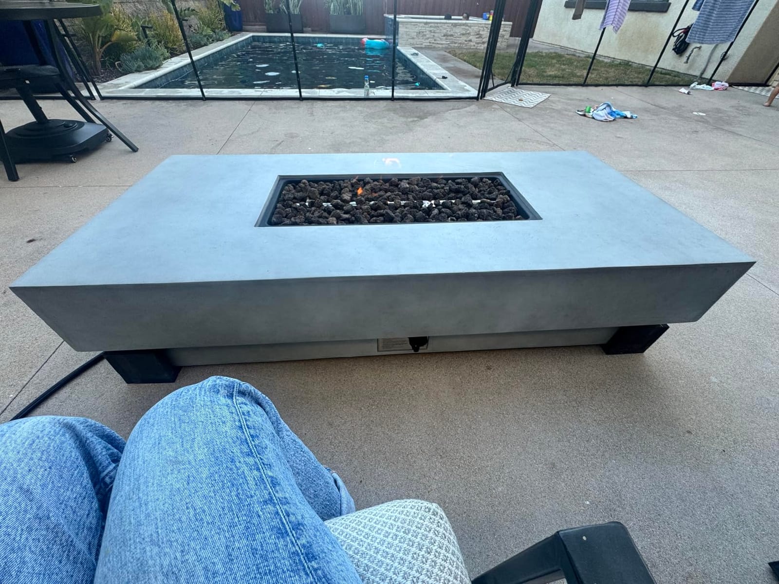 60-inch Outdoor Propane Fire Pit Coffee Table with Tank Cover, 50,000 BTU Concrete Rectangle Modern Outside Fire Table, Auto-Ignition, Included Lava Rocks, Metal Lid & Waterproof Cover customer photo 2
