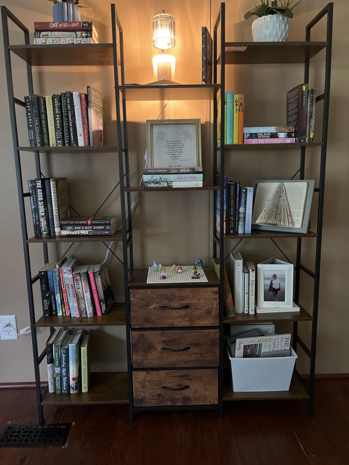 AFLUI Triple Bookshelf with 3 Fabric Drawers, 4-Tier Book Shelf and 10 Display Shelves, Industrial Large Bookcase for Home & Office, Rustic Brown, 47'' Wide customer photo 2