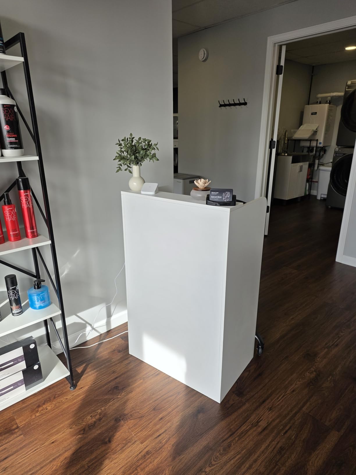 OmySalon Reception Desk with Counter, Small Front Checkout Desk w/Lockable Drawer, Wooden Modern Reception Table for Salon Lobby Office Home (Original Wood, 24) customer photo 1