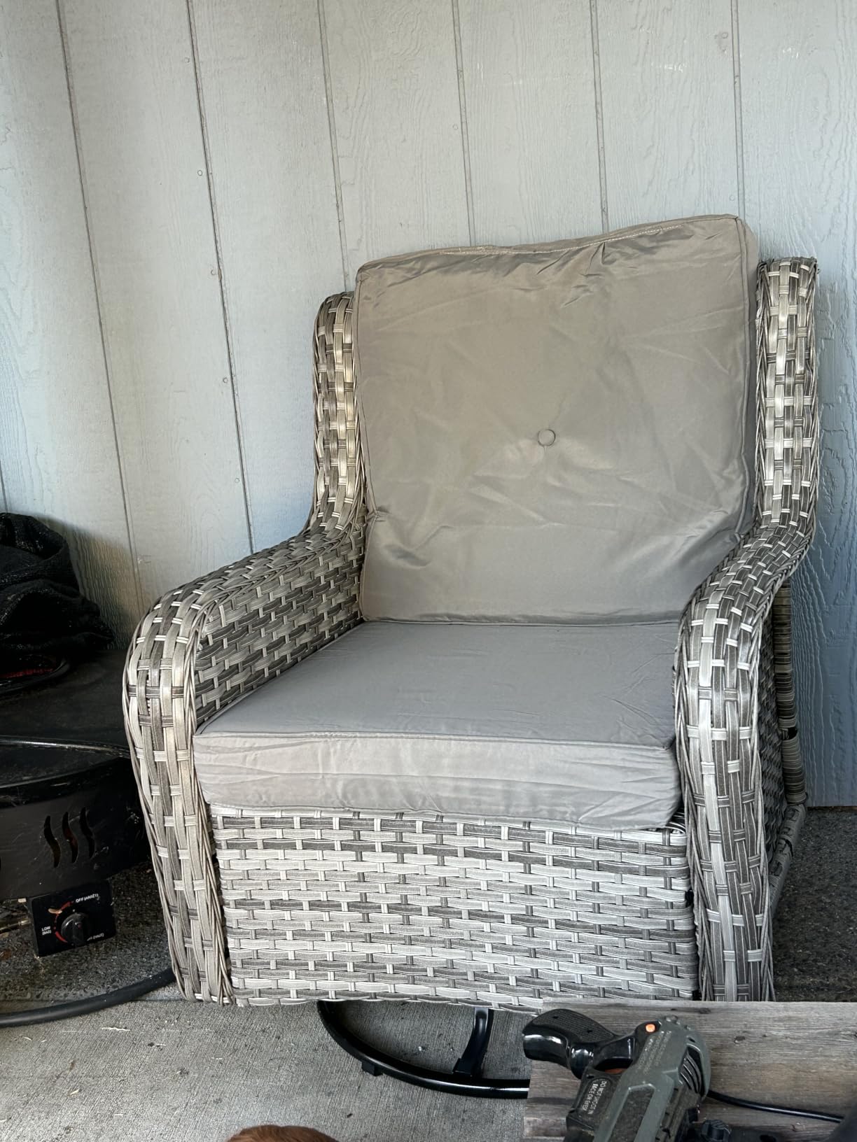 Wumiokio Patio Furniture Sets, 3 Pieces Wicker Outdoor Furniture - 360 Degree Swivel Rocking Chairs and Rattan Side Table for Garden, Porch, Backyard (Grey Wicker/Blue Cushion) customer photo 1