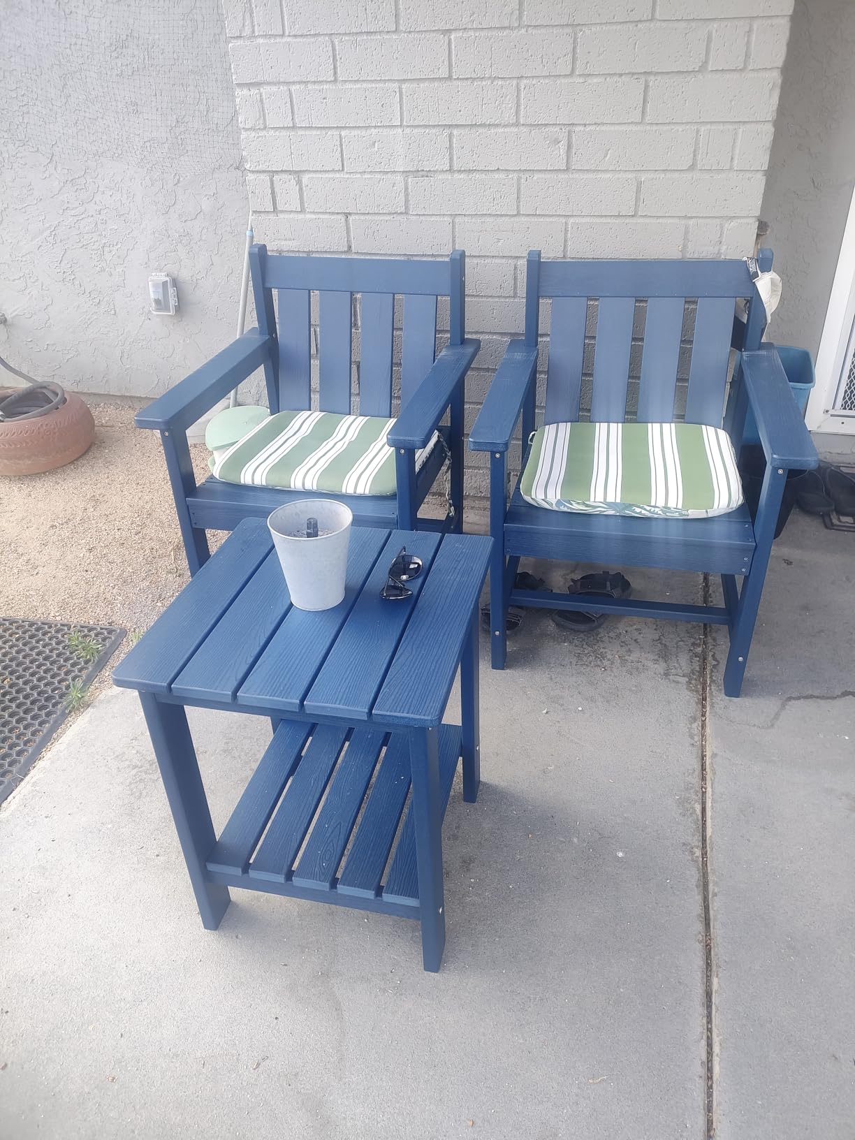 SERWALL 3 Pieces Patio Bistro Set-Outdoor Chairs with Side Table,Navy | All Weather Adirondack Chair Set and Side Table with Umbrella Hole, HDPE Patio Bistro Set for Balcony, Porch, Garden, Backyard customer photo 1