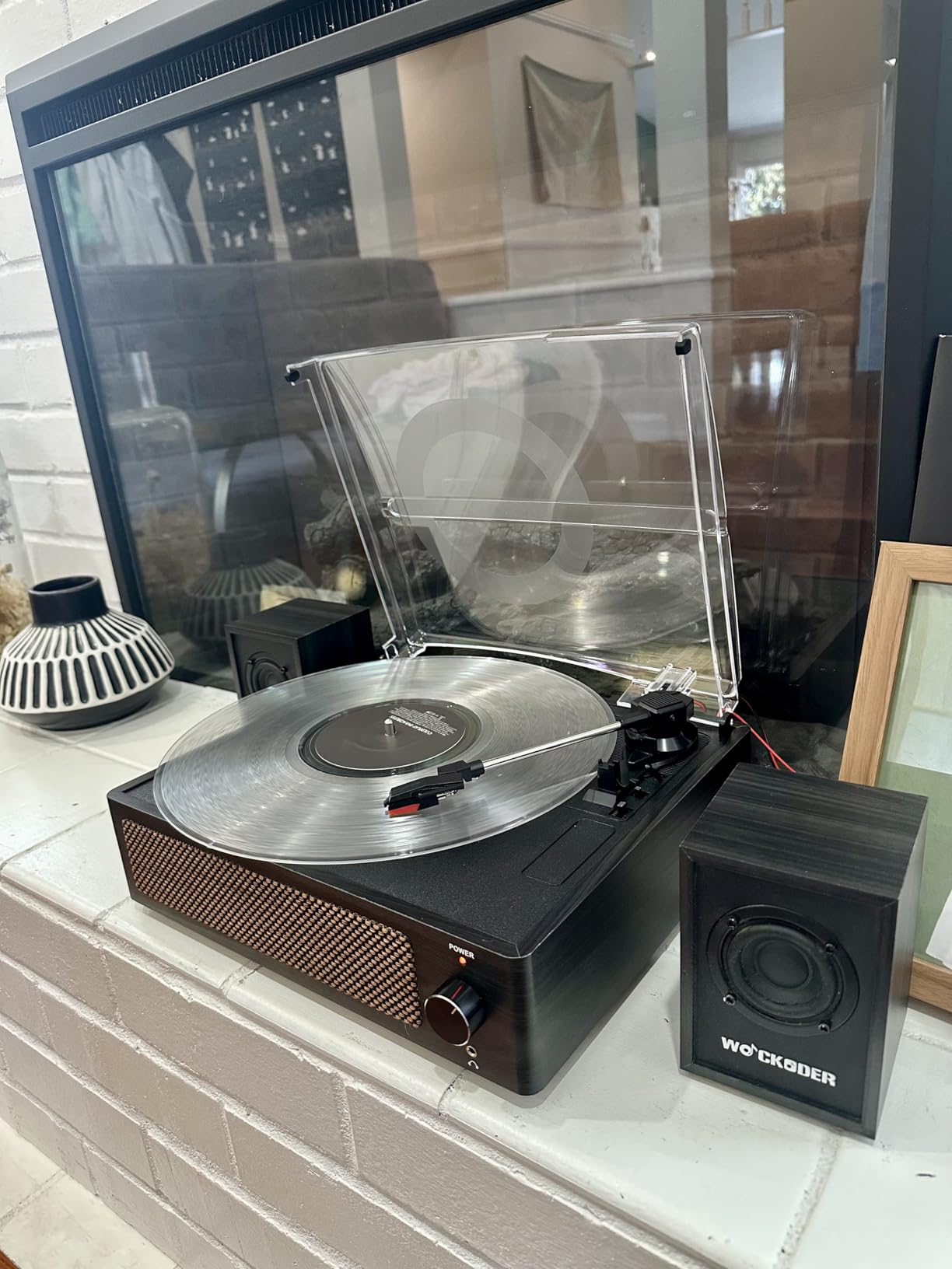 WOCKODER Vinyl Record Player with 2 External Passive Speakers, Brown Wooden | Patented Design, Belt-Drive Vintage Turntable, Bookshelf Speakers, 3 Speed, BT Wireless Input, AUX Headphone, Auto Stop, Retro Style customer photo 1