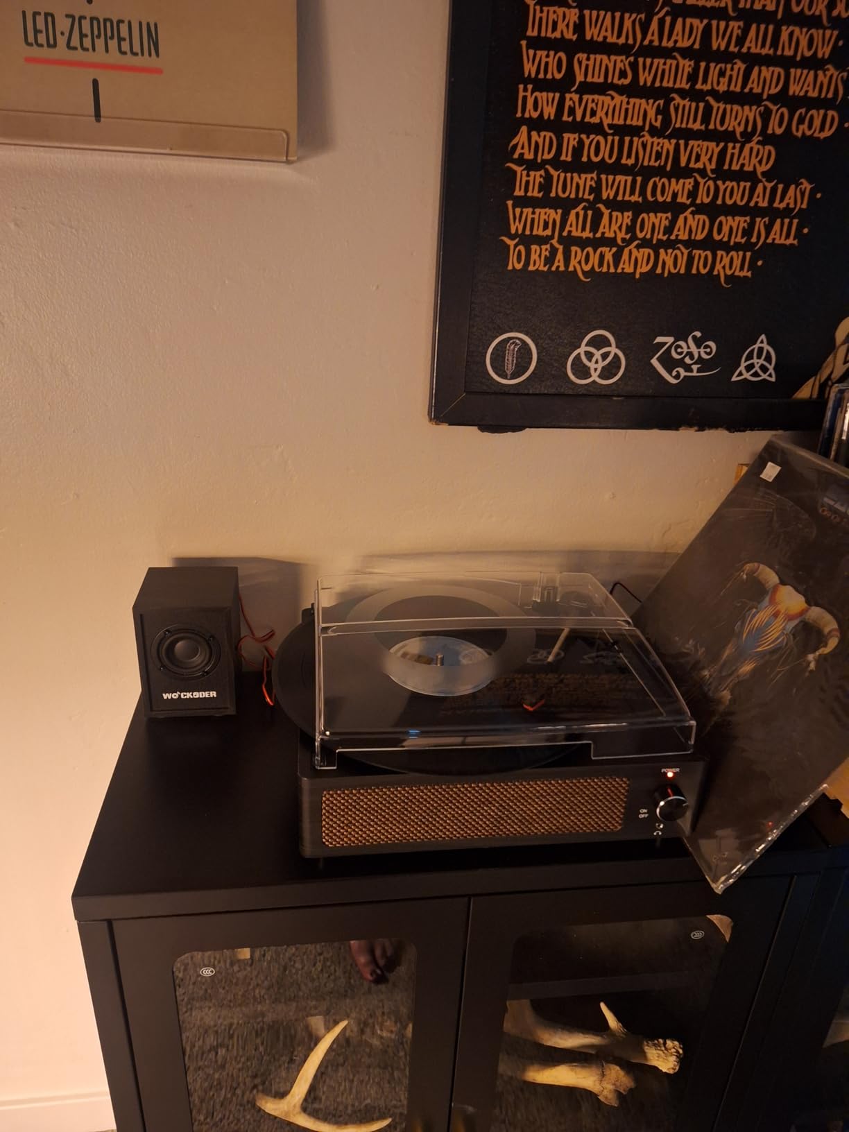 WOCKODER Vinyl Record Player with 2 External Passive Speakers, Brown Wooden | Patented Design, Belt-Drive Vintage Turntable, Bookshelf Speakers, 3 Speed, BT Wireless Input, AUX Headphone, Auto Stop, Retro Style customer photo 2