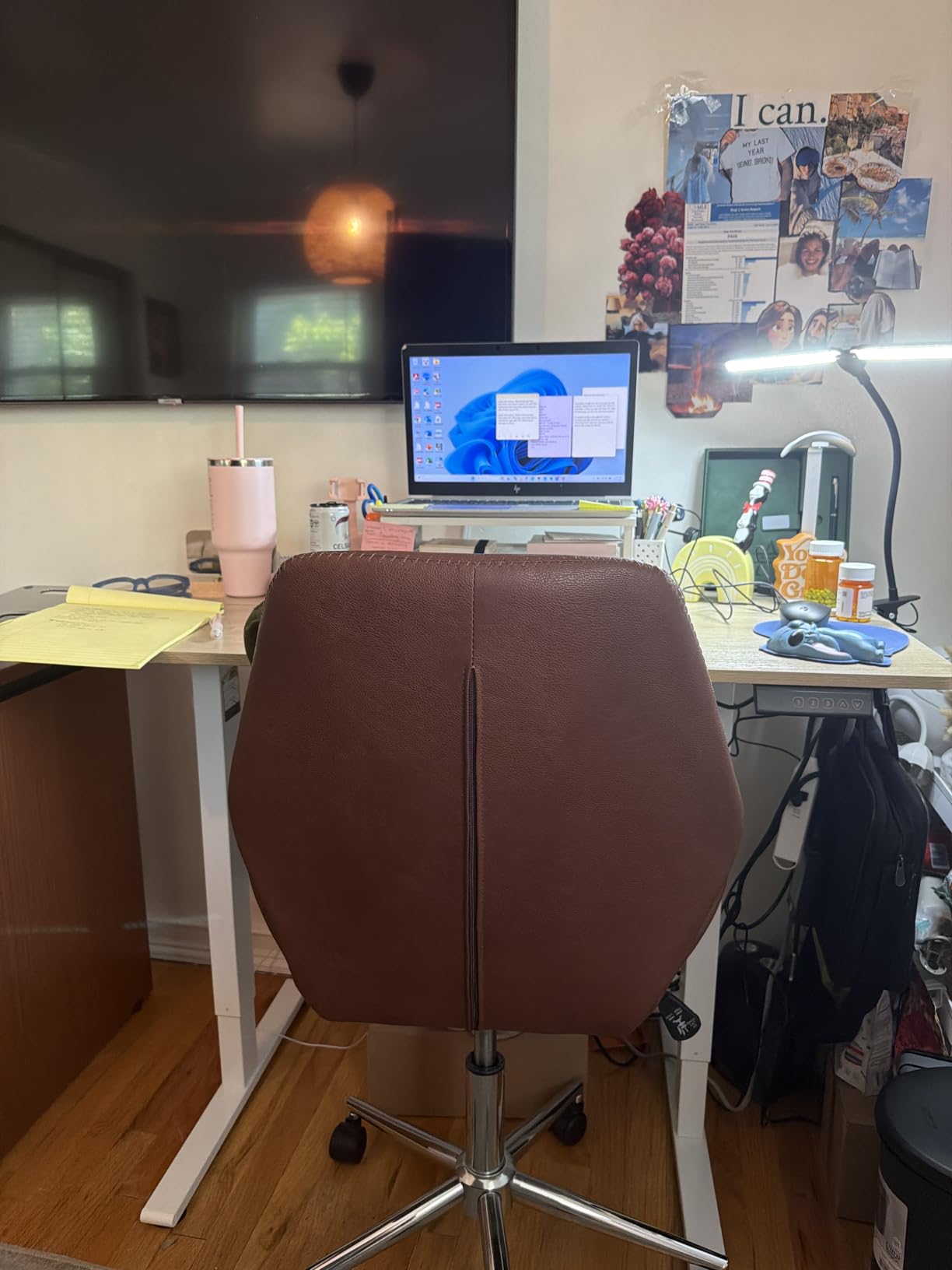 Cubiker Standing Desk, 55x24 Inches Sit Stand Home Office Desk, Electric Stand up Desk, Adjustable Desk with Splice Board, White Frame/Maple Top customer photo 1