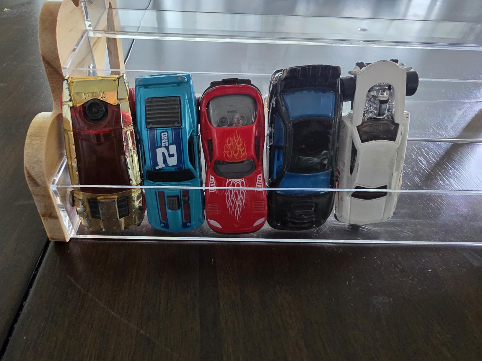 Toy Car Display Stand, 4 Tier Clear Diecast Car Display Rack | 4-tier clear plastic display stand for diecast and toy cars. Space-saving design with sturdy wooden sides. customer photo 1