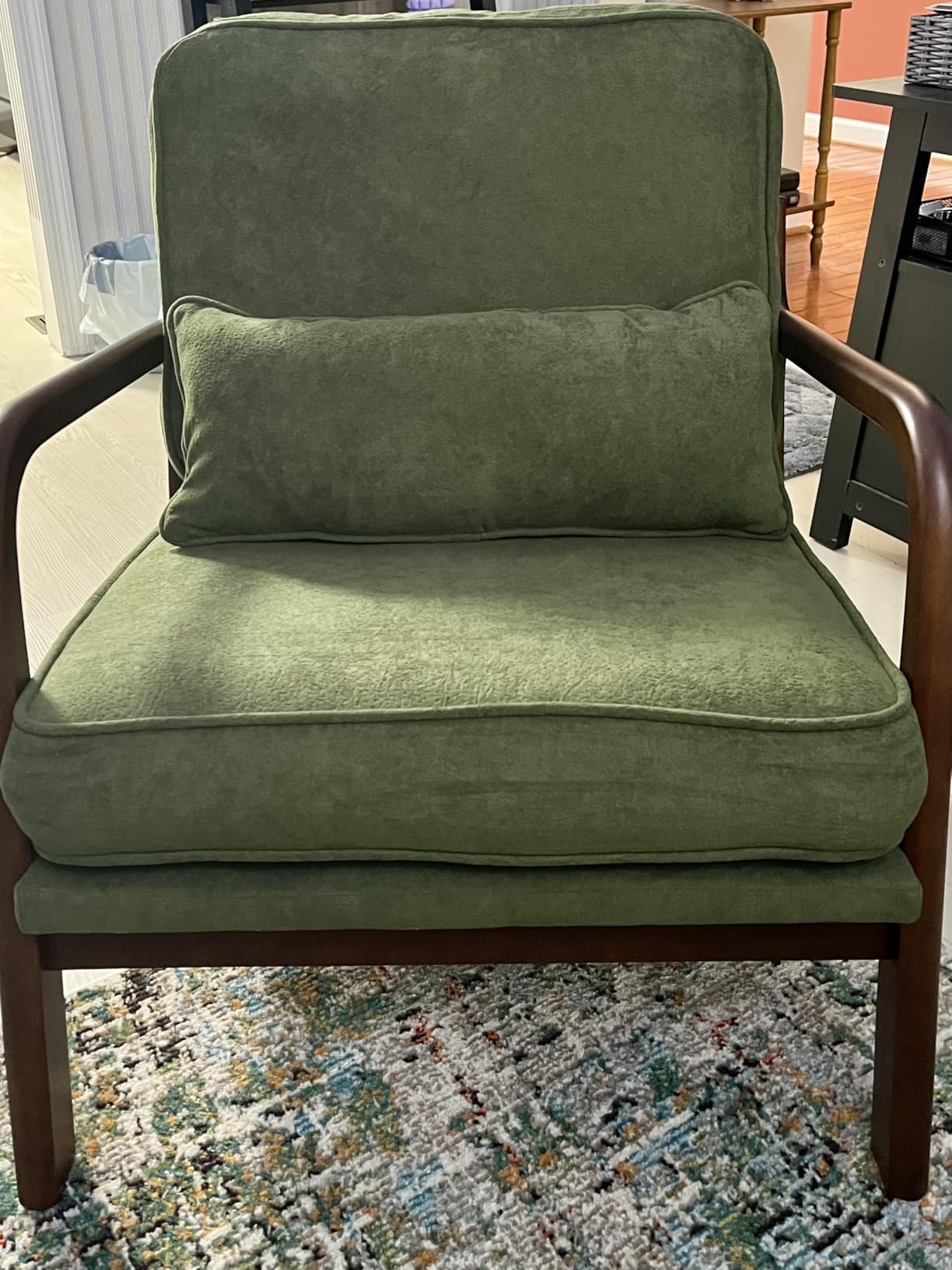 DUMOS Mid Century Modern Accent Chair, 16'' Seat Height Cozy Lounge Chair | Upholstered Armchair with Waist Cushion and Wood Frame for Living Room, Bedroom, Reading Nook, Home Corner, Balcony, Beige customer photo 2