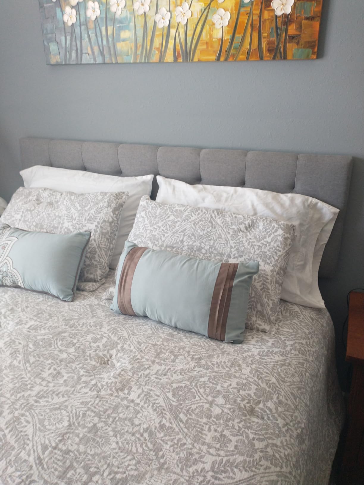 Lucid Mid-Rise Upholstered Headboard - Diamond Tufted - Padded Polyester - Adjustable Height from 34” to 46” - Easy Assembly - Bed Frame or Wall Mount - Sturdy - Stone - King / Cal King Size customer photo 2