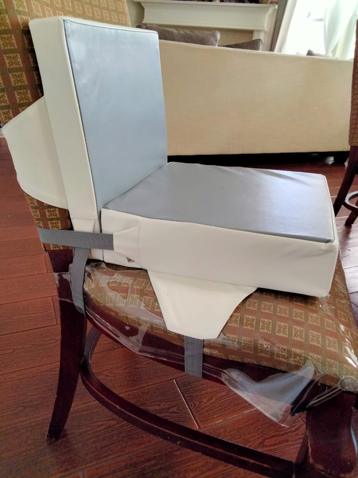 Booster Seat for Kitchen Chair - Toddler Booster Seat for Dining Table - PU Washable Double-Safety Straps with Buckle, Kids Portable Outdoor Booster Seat (Grey) customer photo 1