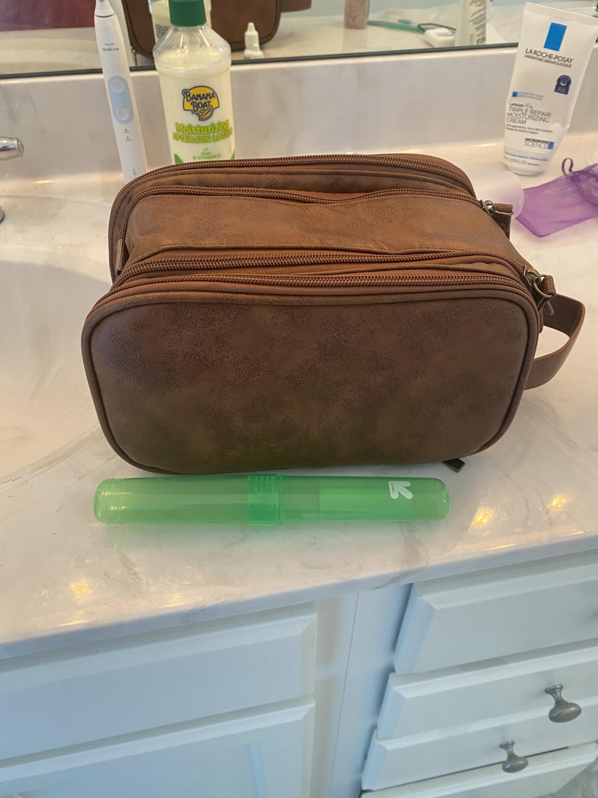 Elviros Travel Toiletry Bag for Men PU Leather Dopp Kit (Small, Brown) customer photo 1