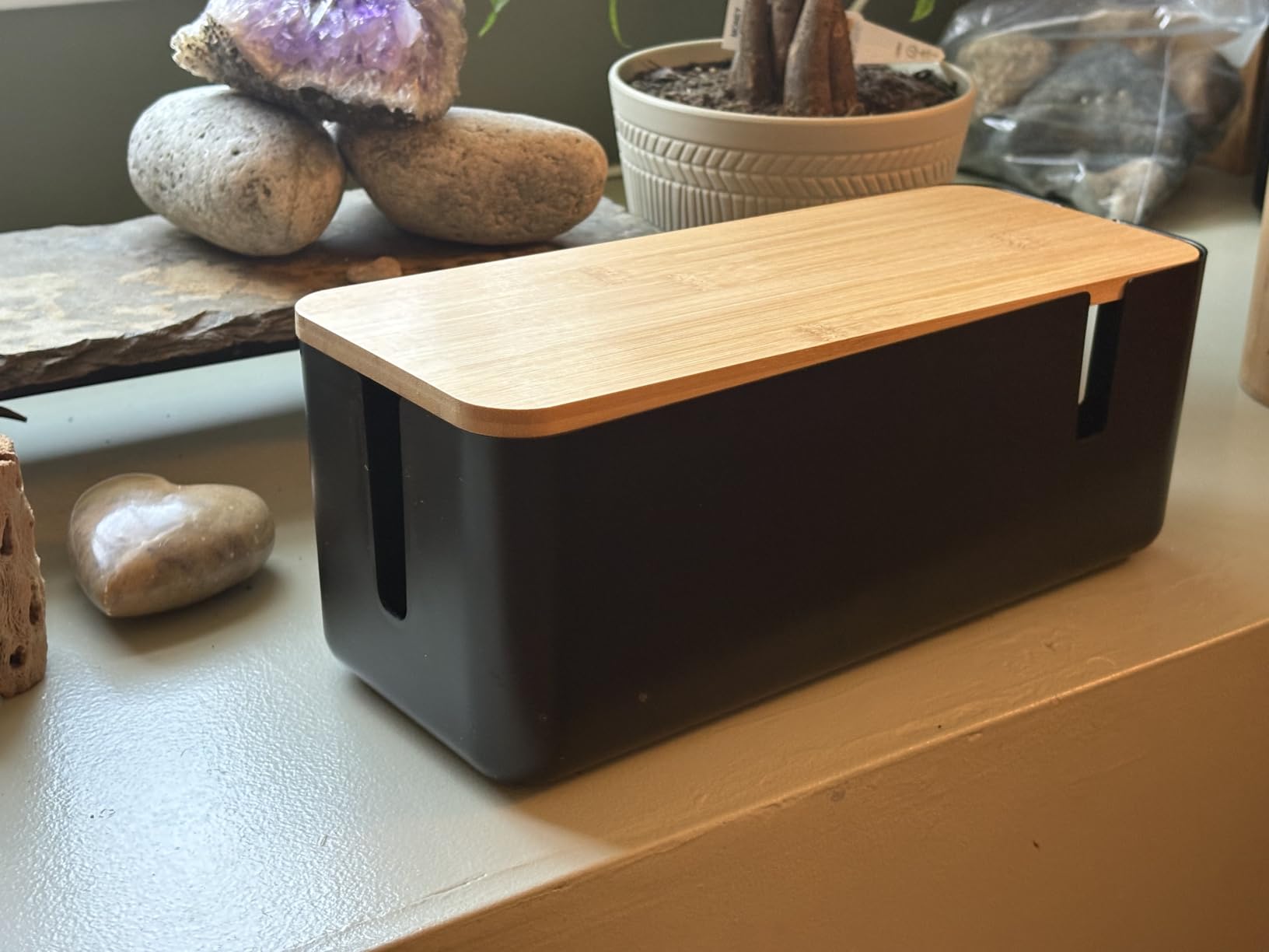 Changsuo Small Cable Management Box with Bamboo Lid for Extension Cord Power Stripe Surge Protector Wire Concealer Organizer Cover Hider (White) customer photo 2