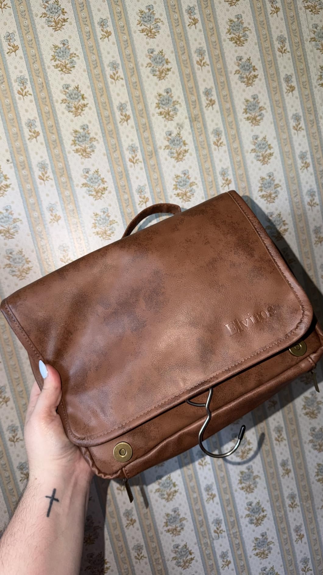 Elviros Hanging Toiletry Bag for Men PU Leather Shaving Dopp Kit (Brown) customer photo 1